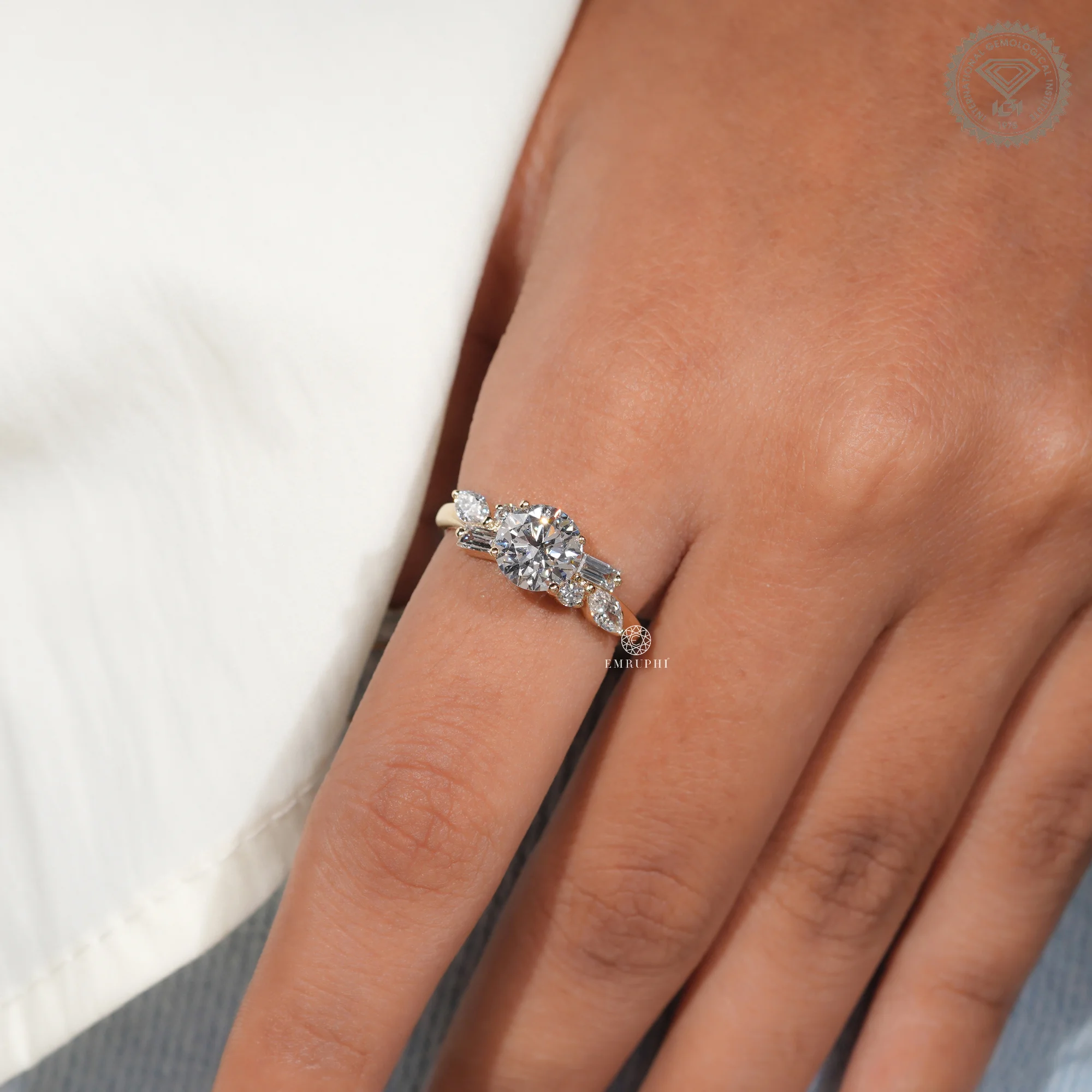 Round Cut Lab Grown Diamond Ring, Multi Shape Cluster Engagement Ring, Pear Baguette Accents — view 11