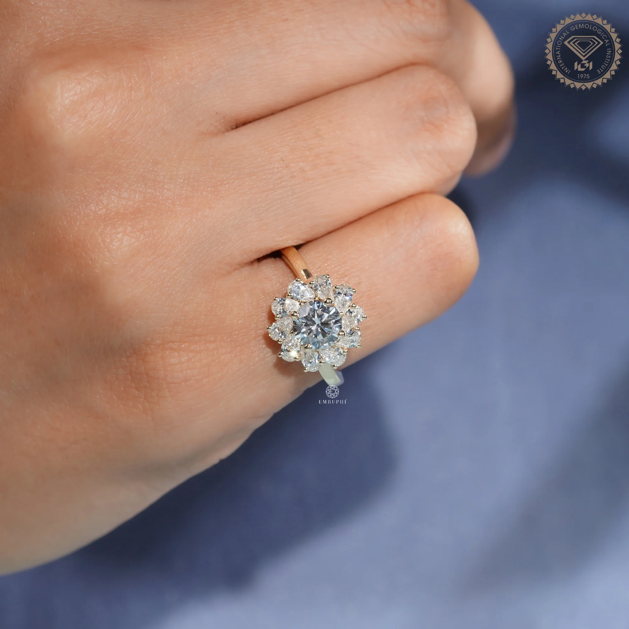 Round Cut Lab Grown Diamond Floral Halo Ring, Pear Diamond Sunburst Engagement Ring — view 11