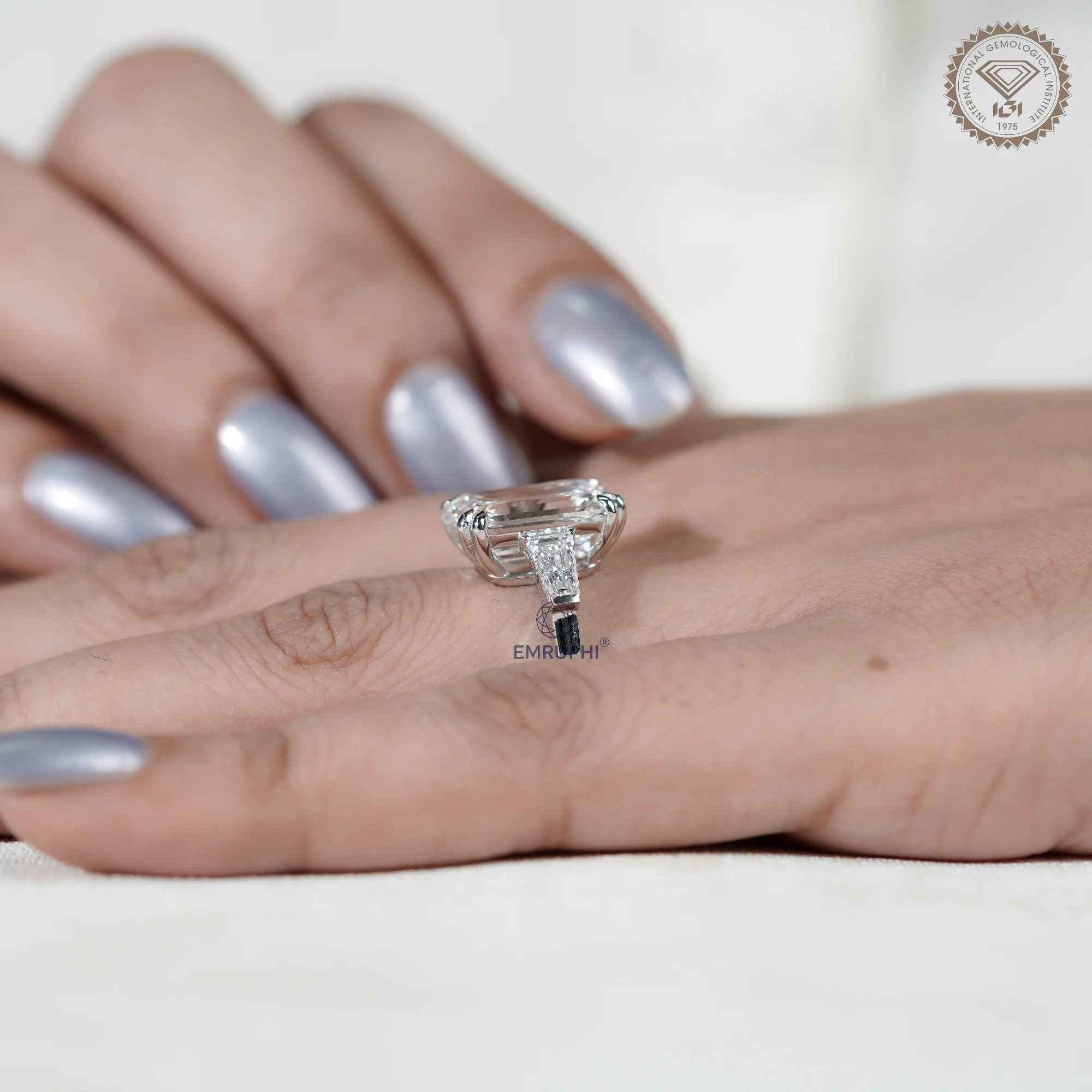 7 Carat Emerald Cut Lab Grown Diamond Engagement Ring | Trapezoid Side Stones — view 8