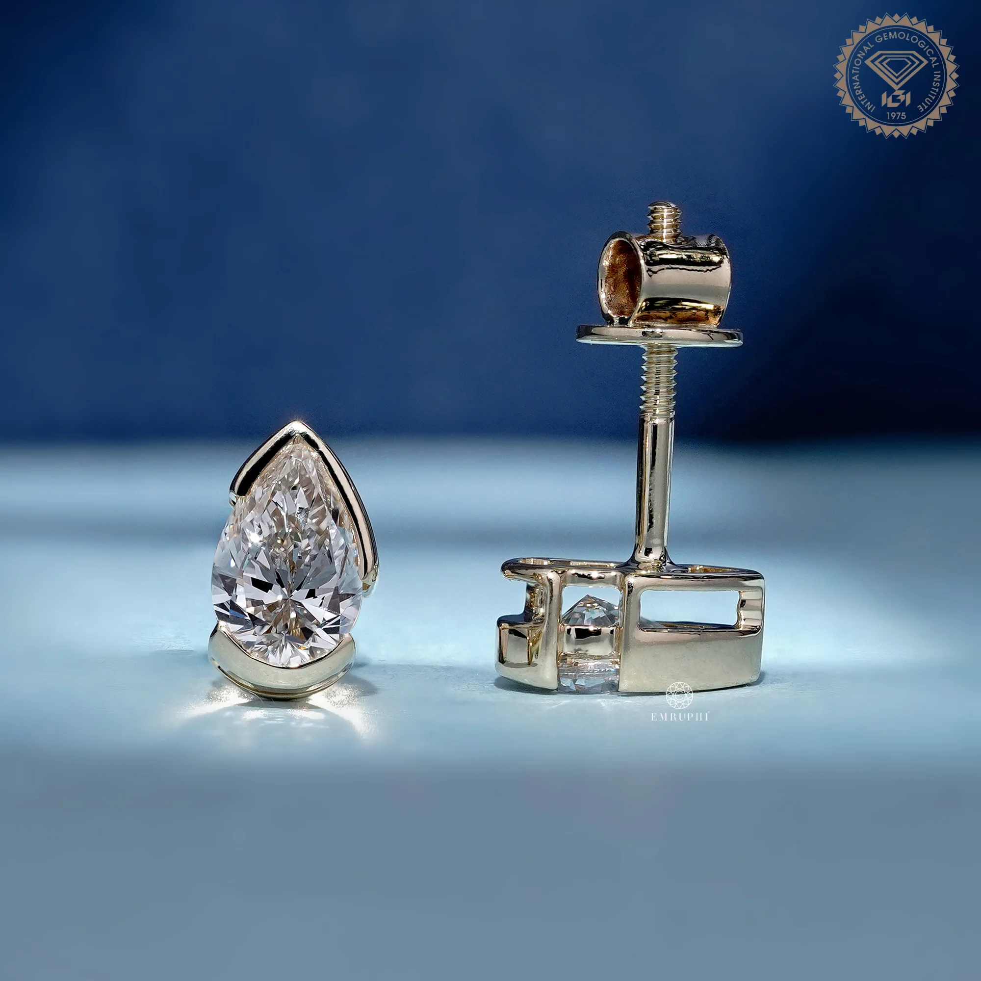 1.00 TCW Pear Shape Lab Grown Diamond Earrings, Half Bezel Set Stud — view 3