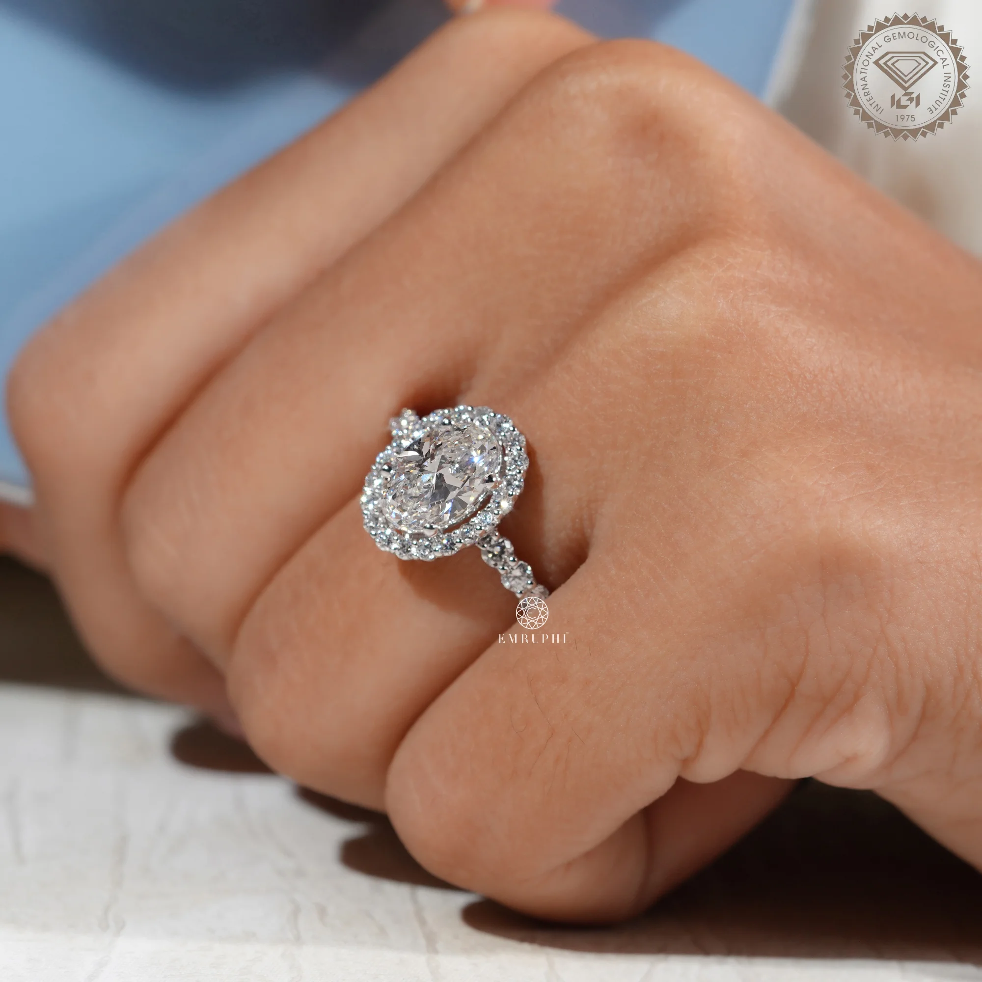 Oval Cut Diamond Halo Engagement Ring, IGI Certified, Pavé Diamond Band, Classic Halo Ring — view 9