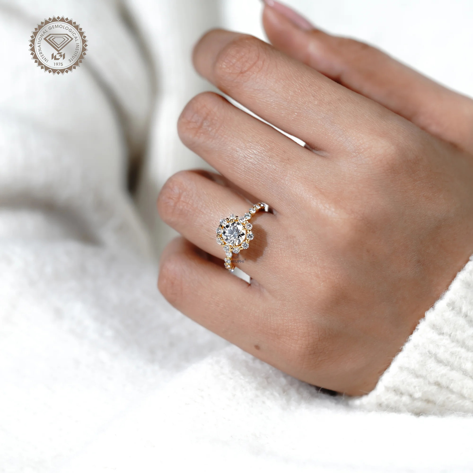 1.00 CT Round Lab Grown Diamond Halo Engagement Ring, 18k Gold Wedding Band — view 11