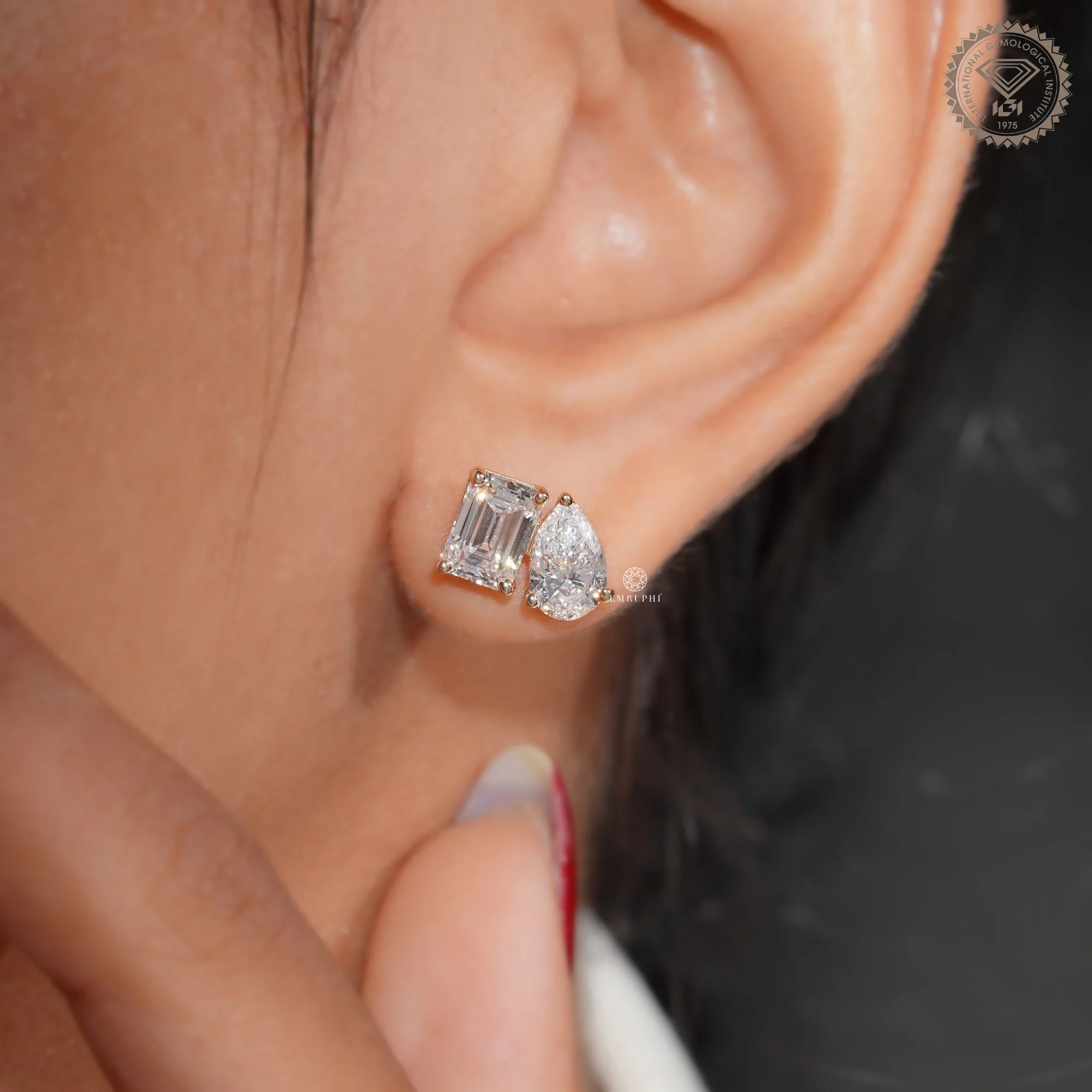 4.00 TCW Emerald & Pear Diamond Earrings, Toi et Moi Studs, 14K Yellow Gold Earrings — view 7