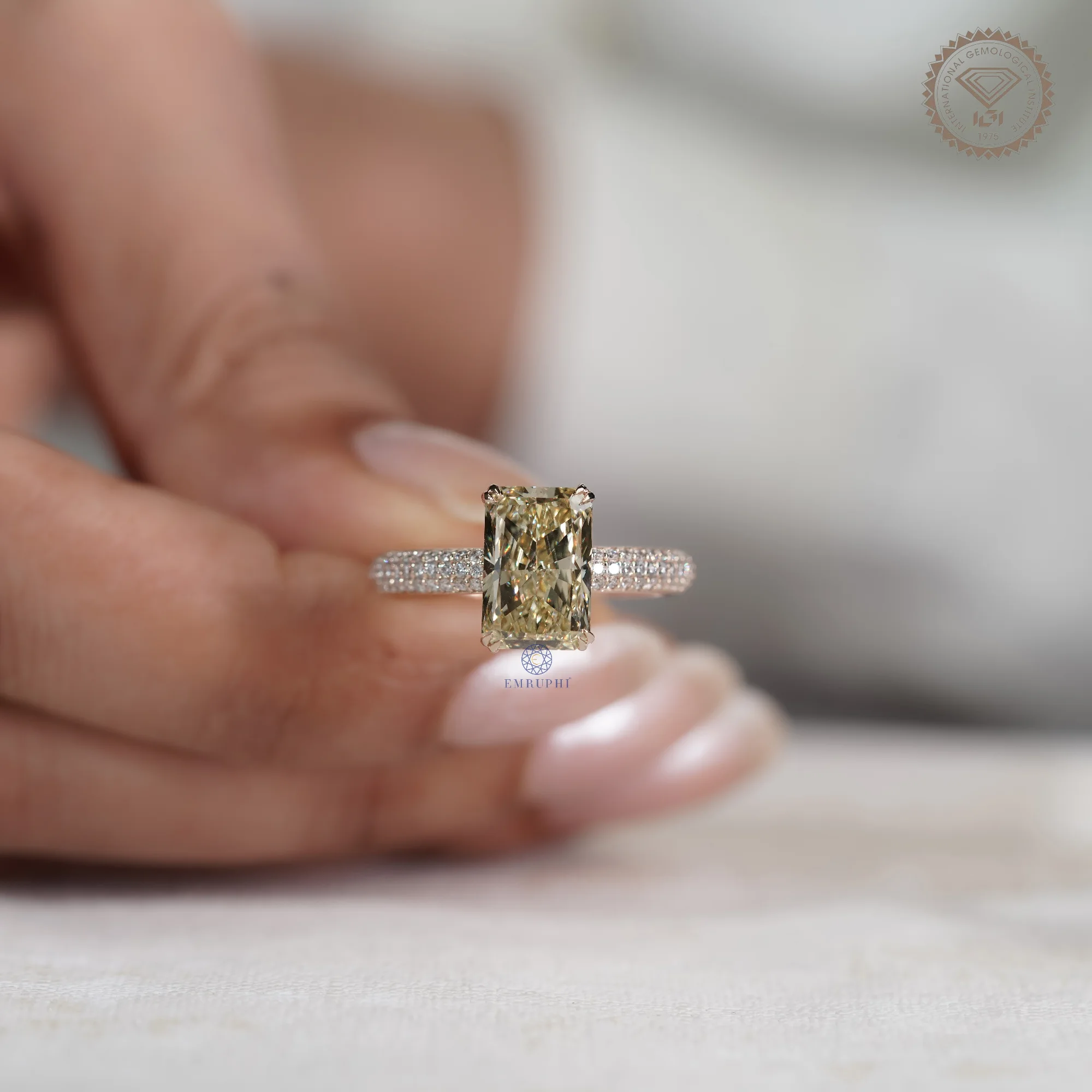 3 CT Radiant Cut Yellow Lab Grown Diamond Ring, Fancy Yellow Engagement Ring, Pave Band Diamond Ring — view 5