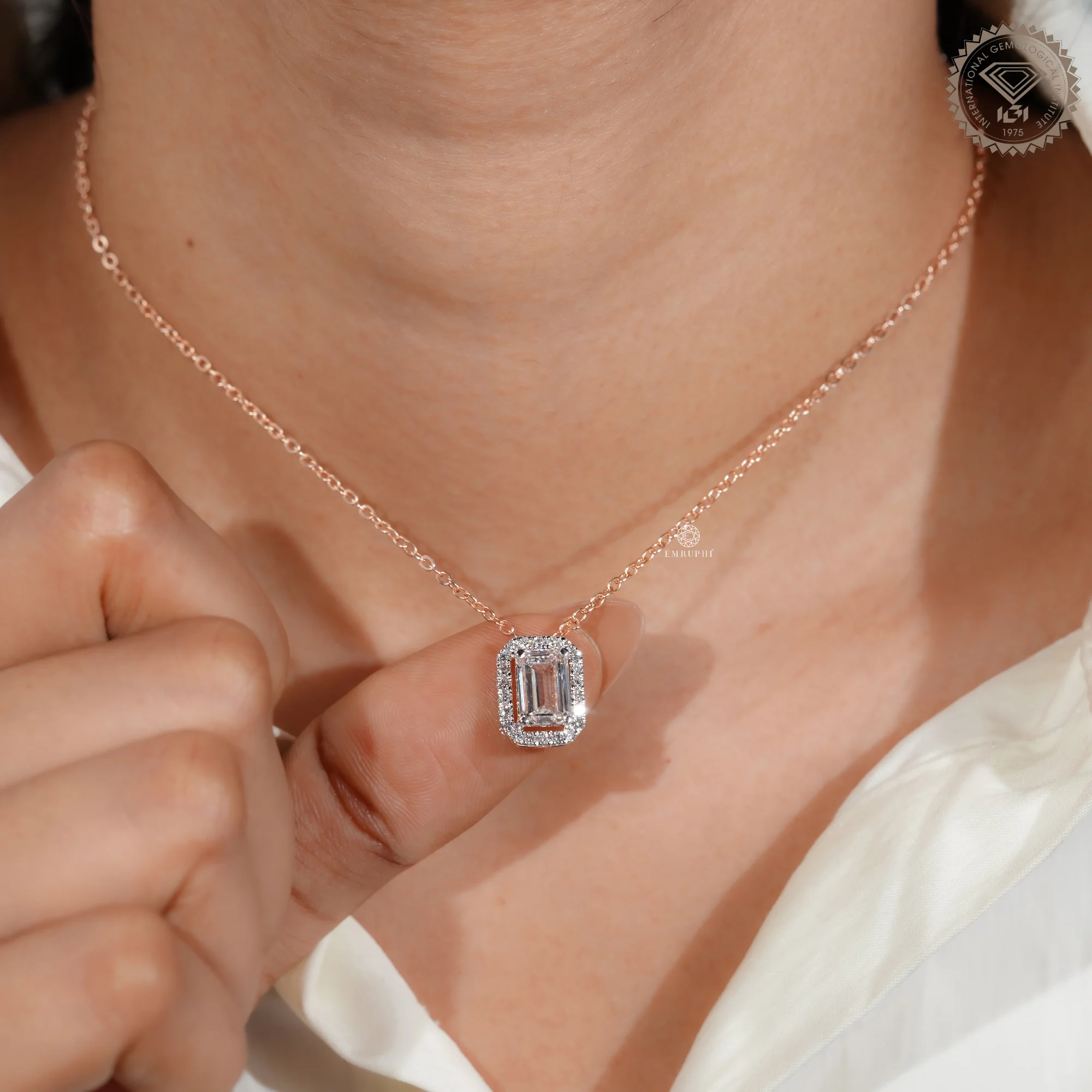 1 CT Emerald Cut Lab Grown Diamond Necklace, Halo Pendant Rose Gold Chain, Two Tone Pendant — view 9