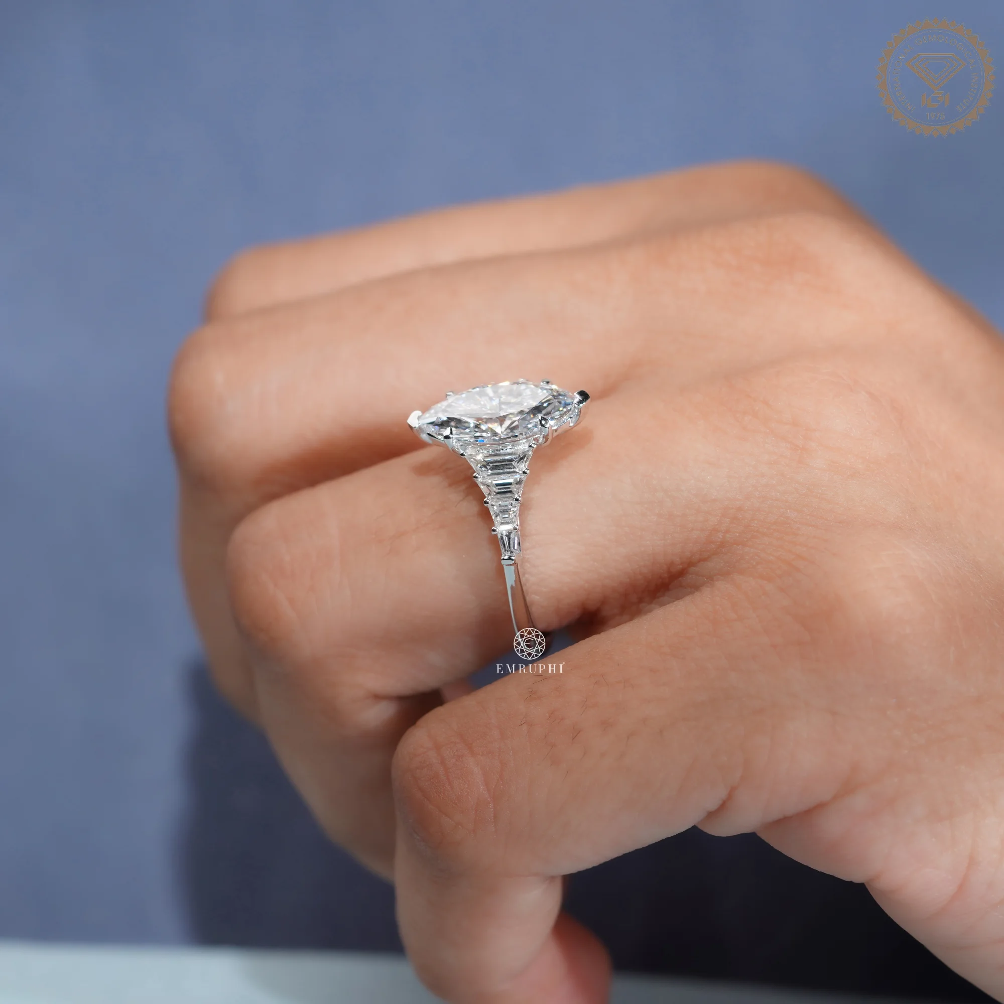 2 Carat Marquise Cut Lab Grown Diamond Engagement Ring, Art Deco Trapezoid Cut Side Stones — view 12