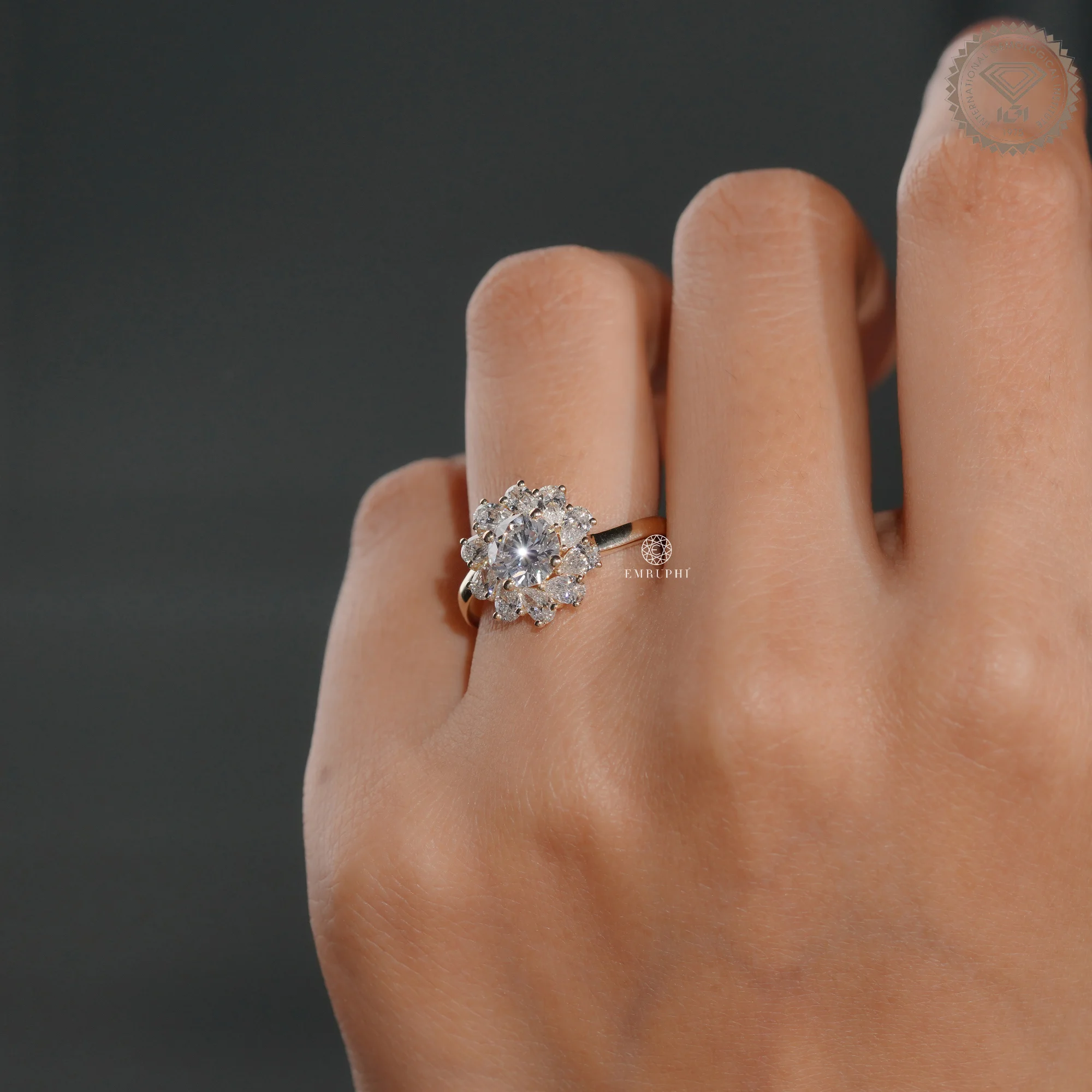 Round Cut Lab Grown Diamond Floral Halo Ring, Pear Diamond Sunburst Engagement Ring — view 5