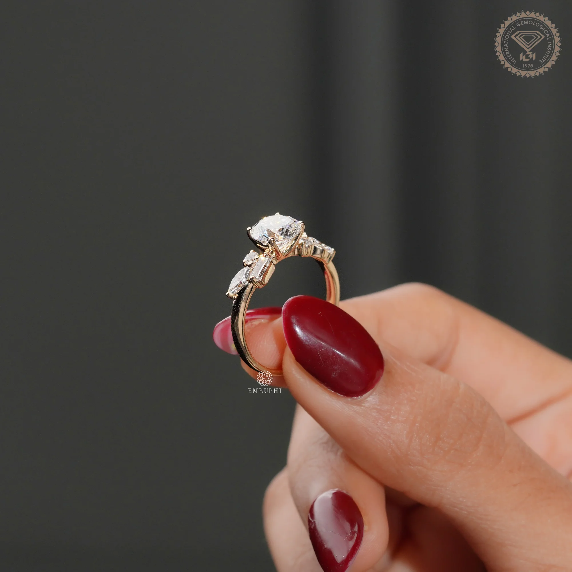 Round Cut Lab Grown Diamond Ring, Multi Shape Cluster Engagement Ring, Pear Baguette Accents — view 5