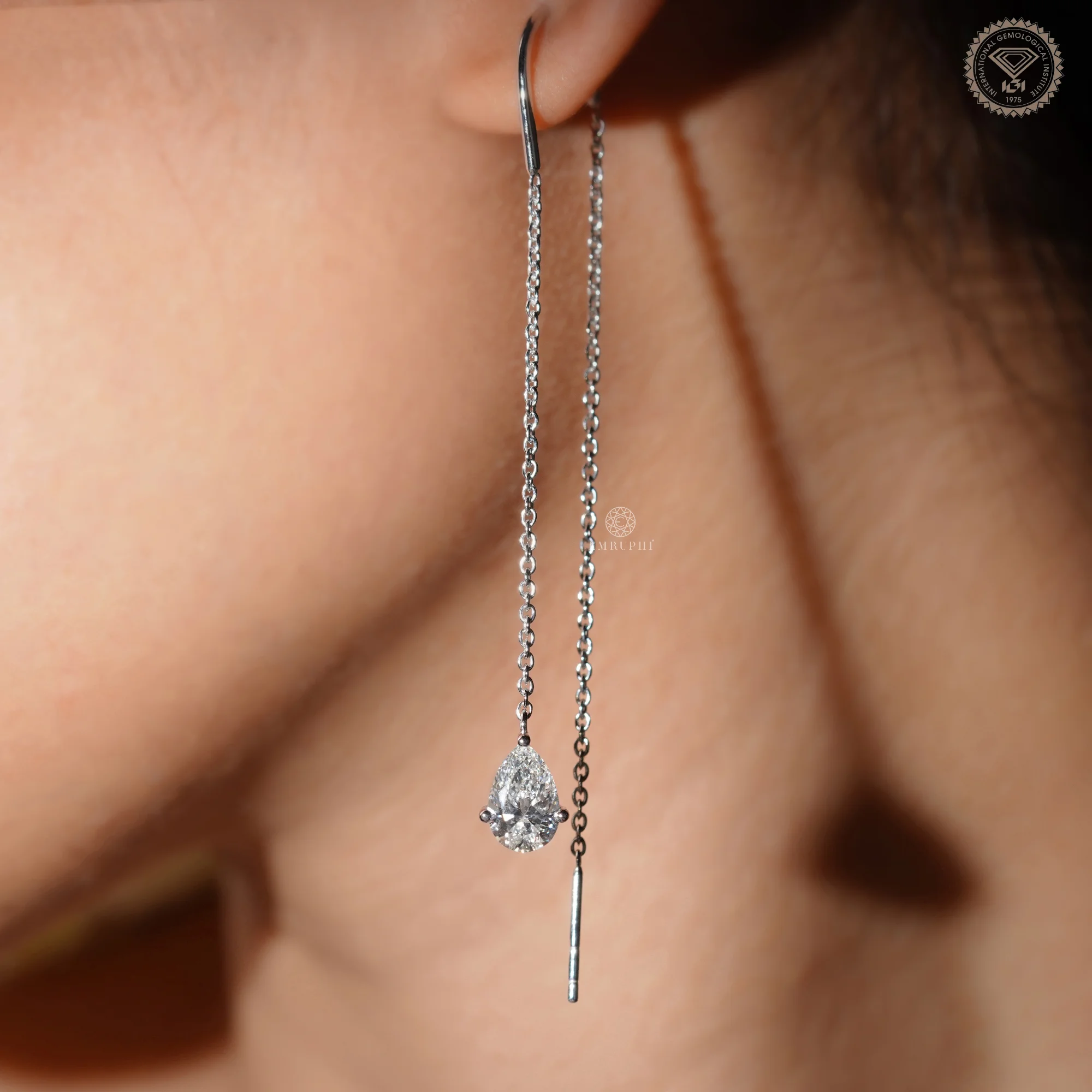 Pear Drop Threader Earrings, White Gold Drop Chain Earrings, Minimalist Long Chain Dangle Earring — view 6