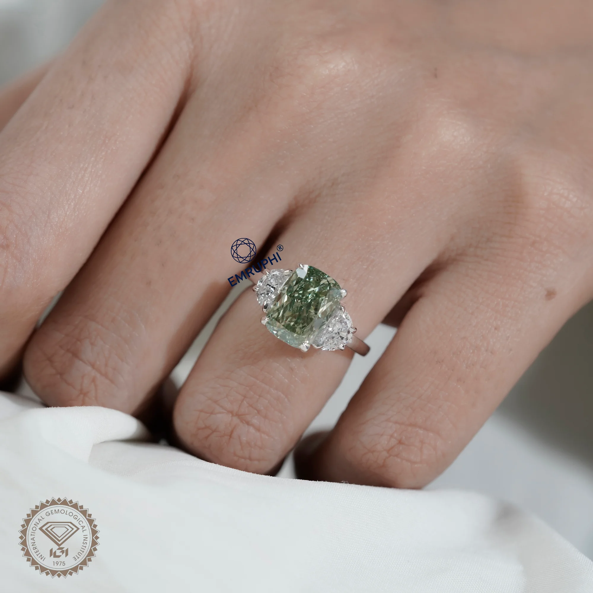 Vivid Green Cushion Diamond Three Stone Ring, 14K Gold Engagement Ring (IGI Certified) — view 11