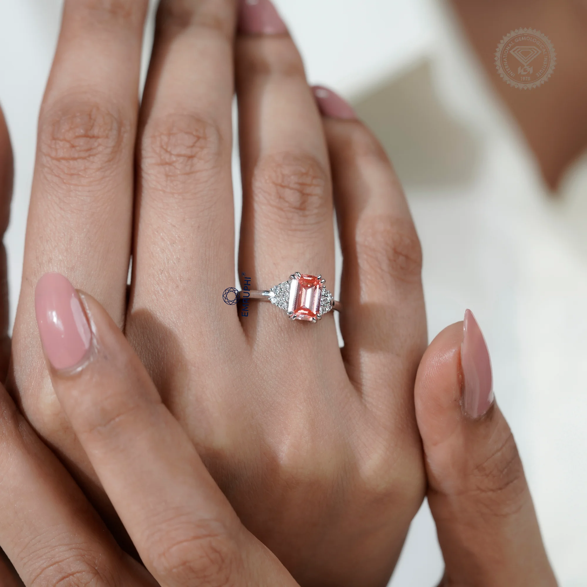 Emerald Cut Vivid Pink Lab-Grown Diamond Cluster Ring, Nature Inspired Ring, Emerald Cluster Ring, Emerald Wedding Ring in 18k Gold — view 13