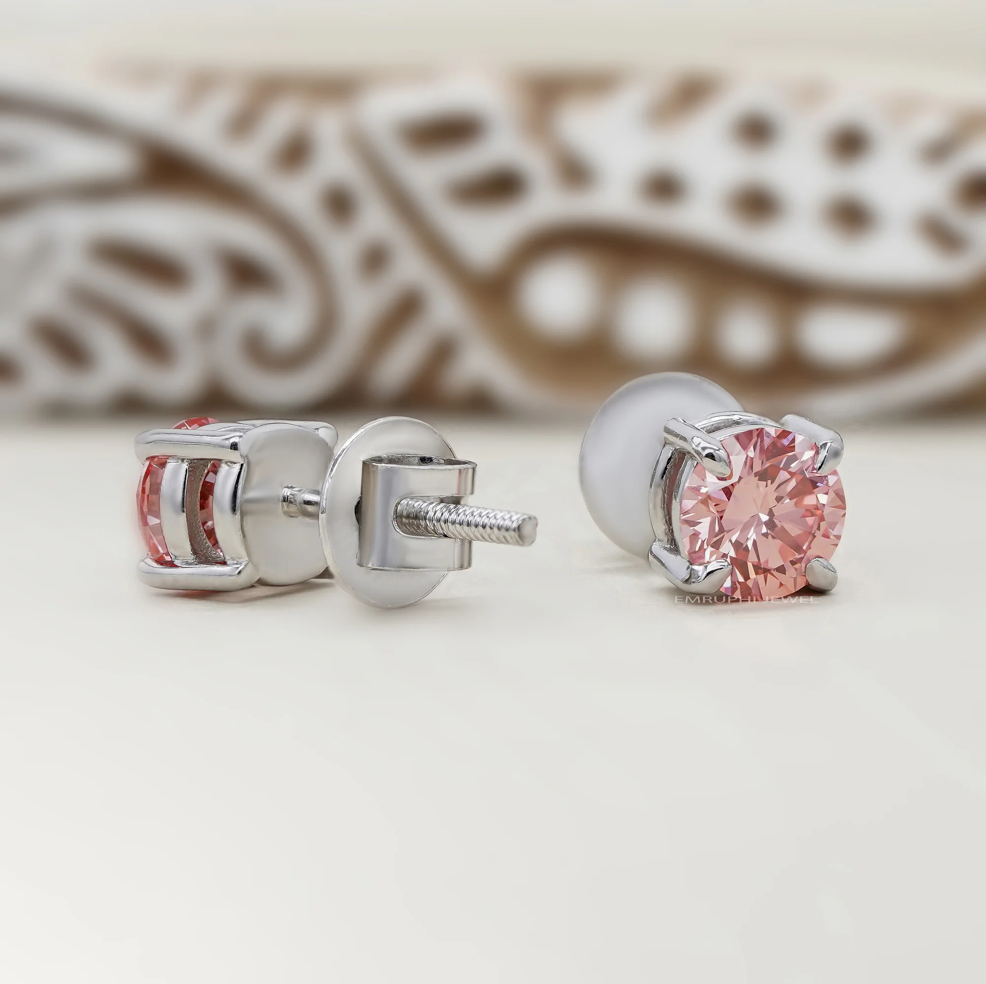 Lab Grown Pink Diamond Stud Earrings, 1 CT Round White Gold Solitaire (IGI Certified) — view 3