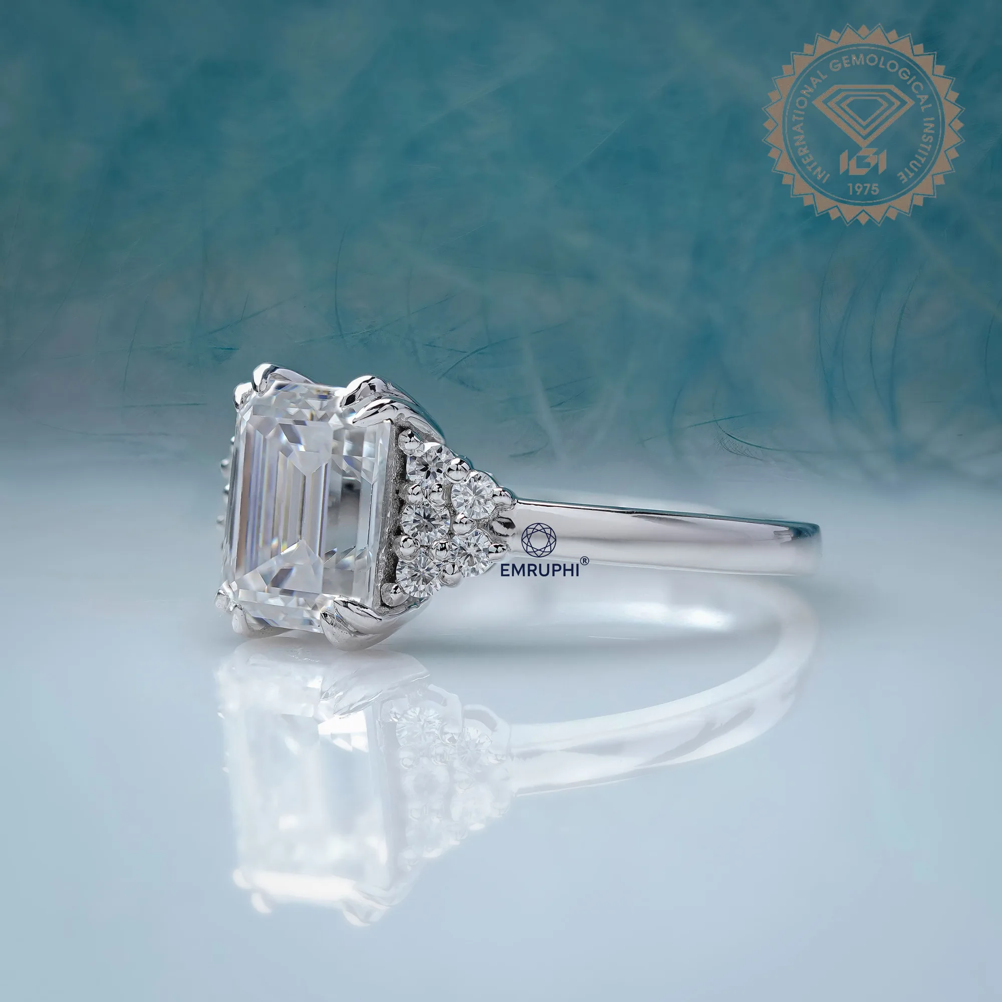 Emerald Cut Labgrown Diamond Engagement Ring, 14k White Gold Snowdrift Cluster Proposal Ring — view 3