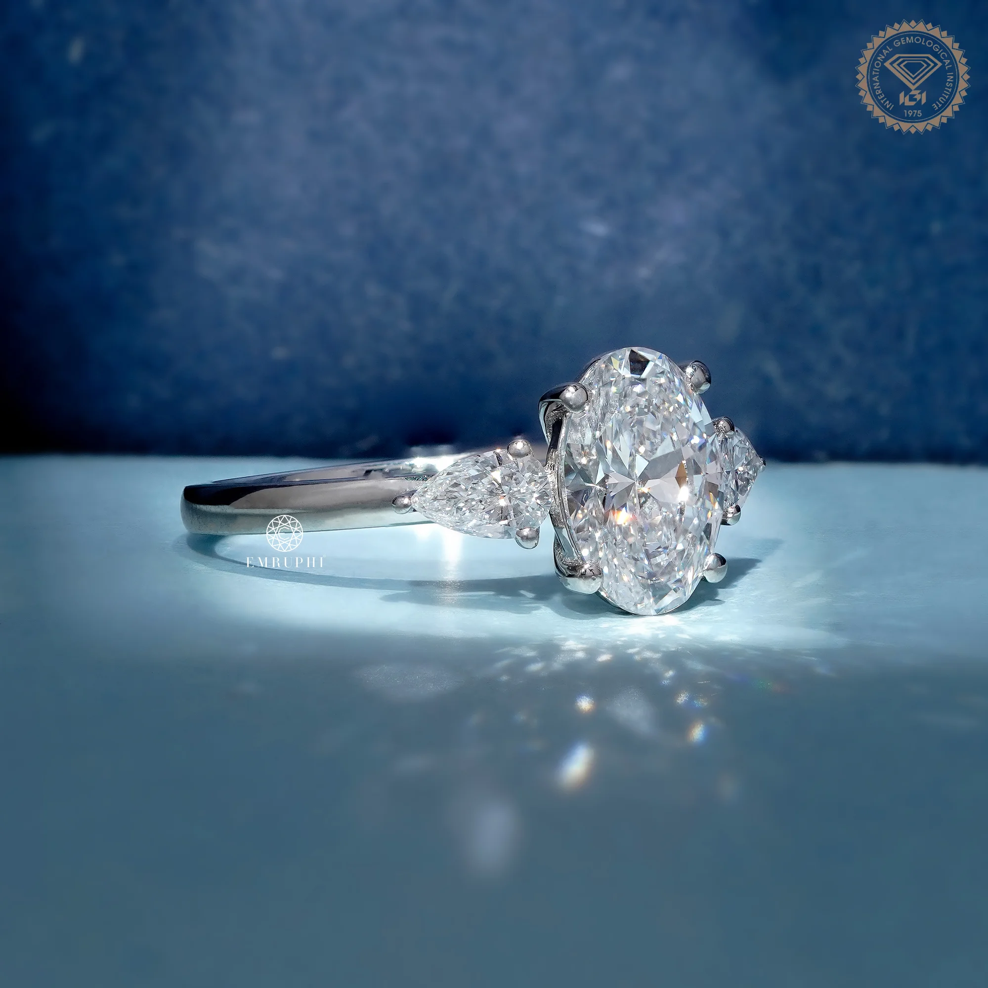 1.60 CT Oval Cut Lab Grown Engagement Ring With Pear Side Stone, Oval Three Stone Diamond Ring — view 3