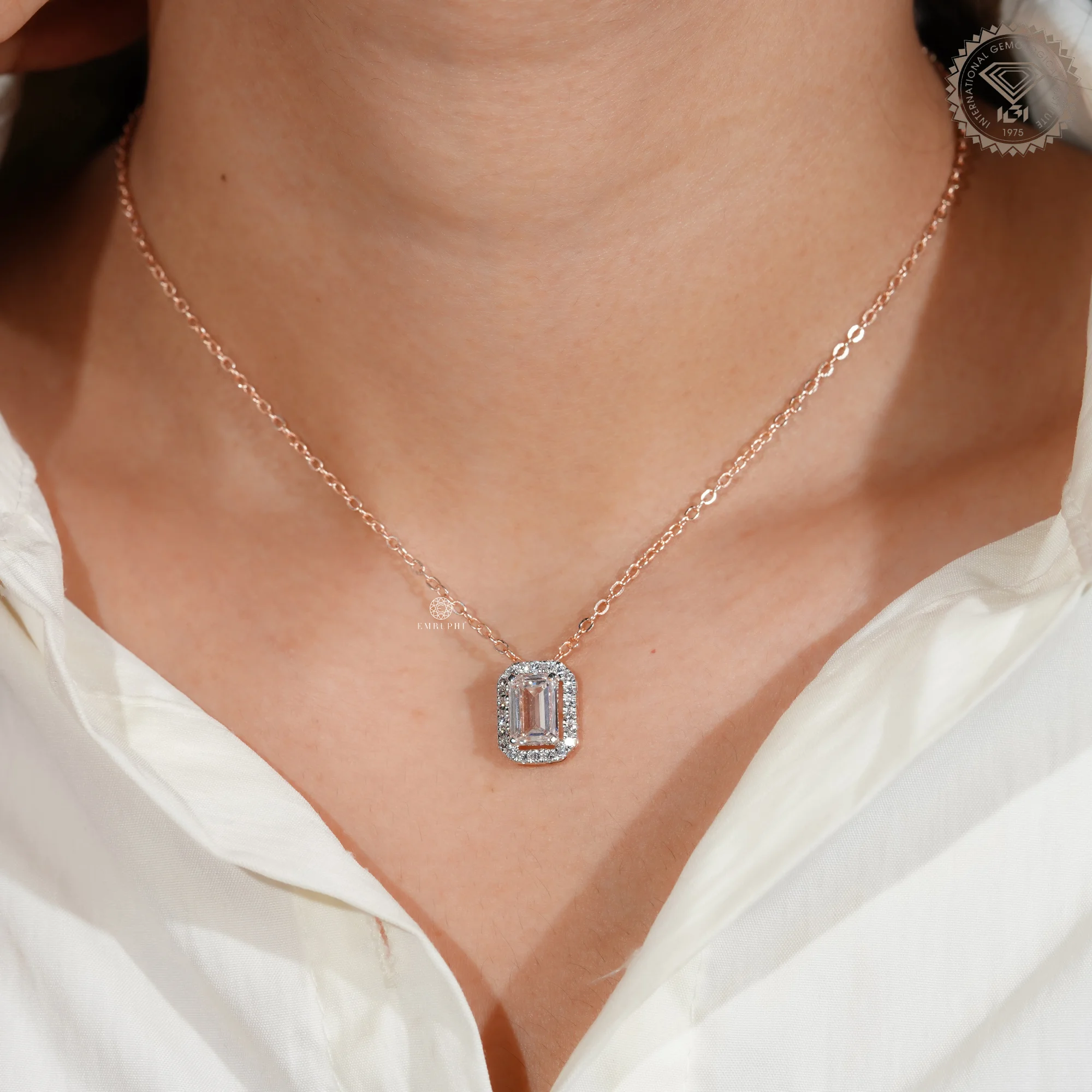 1 CT Emerald Cut Lab Grown Diamond Necklace, Halo Pendant Rose Gold Chain, Two Tone Pendant — view 10