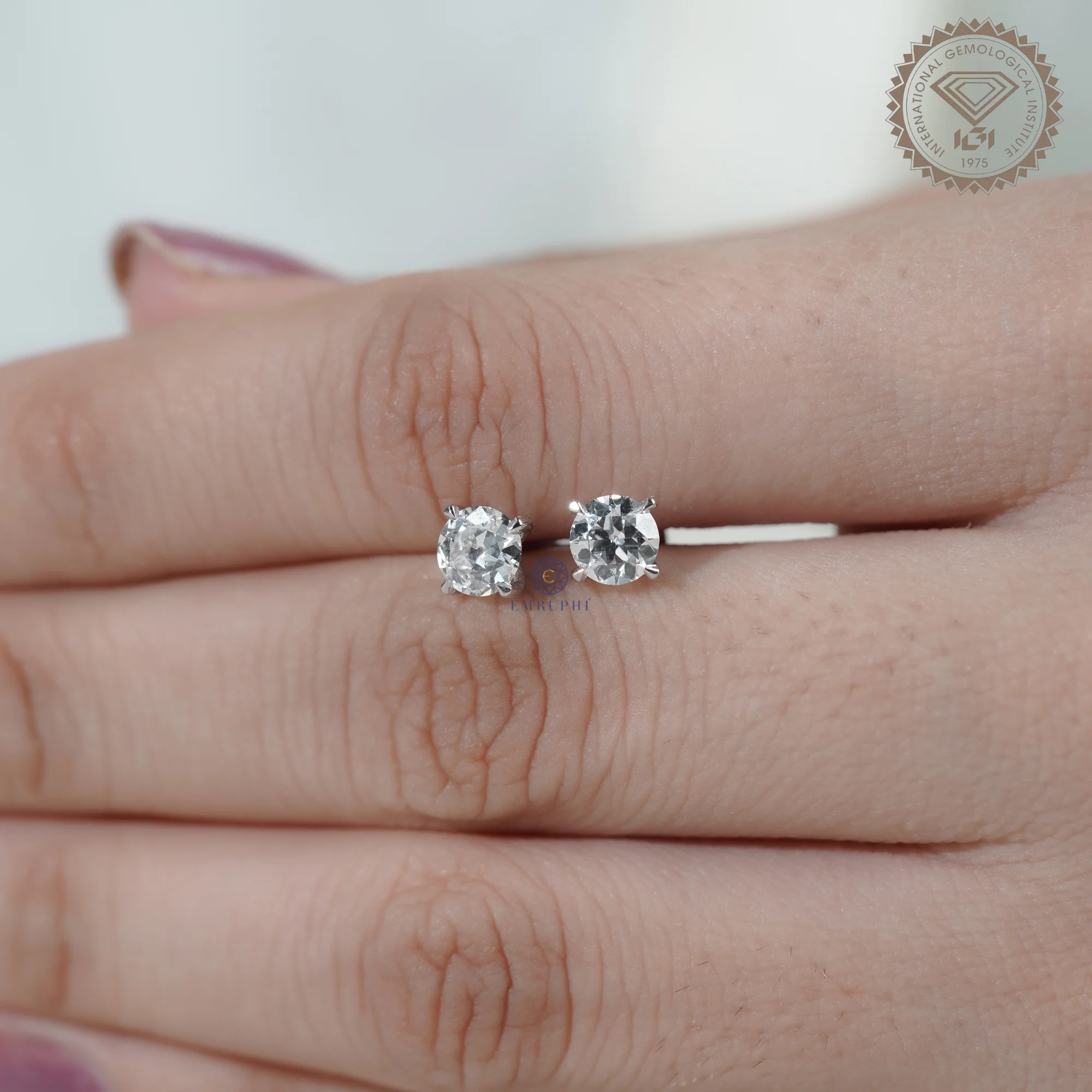 Round Old European Cut Studs Earrings, Solitaire Antique Earring Gift — view 6