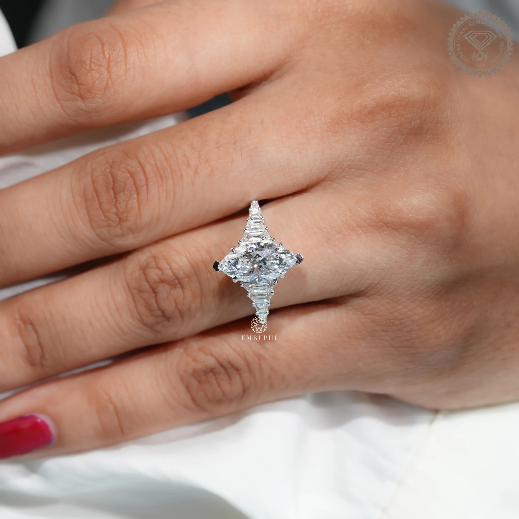 2 Carat Marquise Cut Lab Grown Diamond Engagement Ring, Art Deco Trapezoid Cut Side Stones — view 11