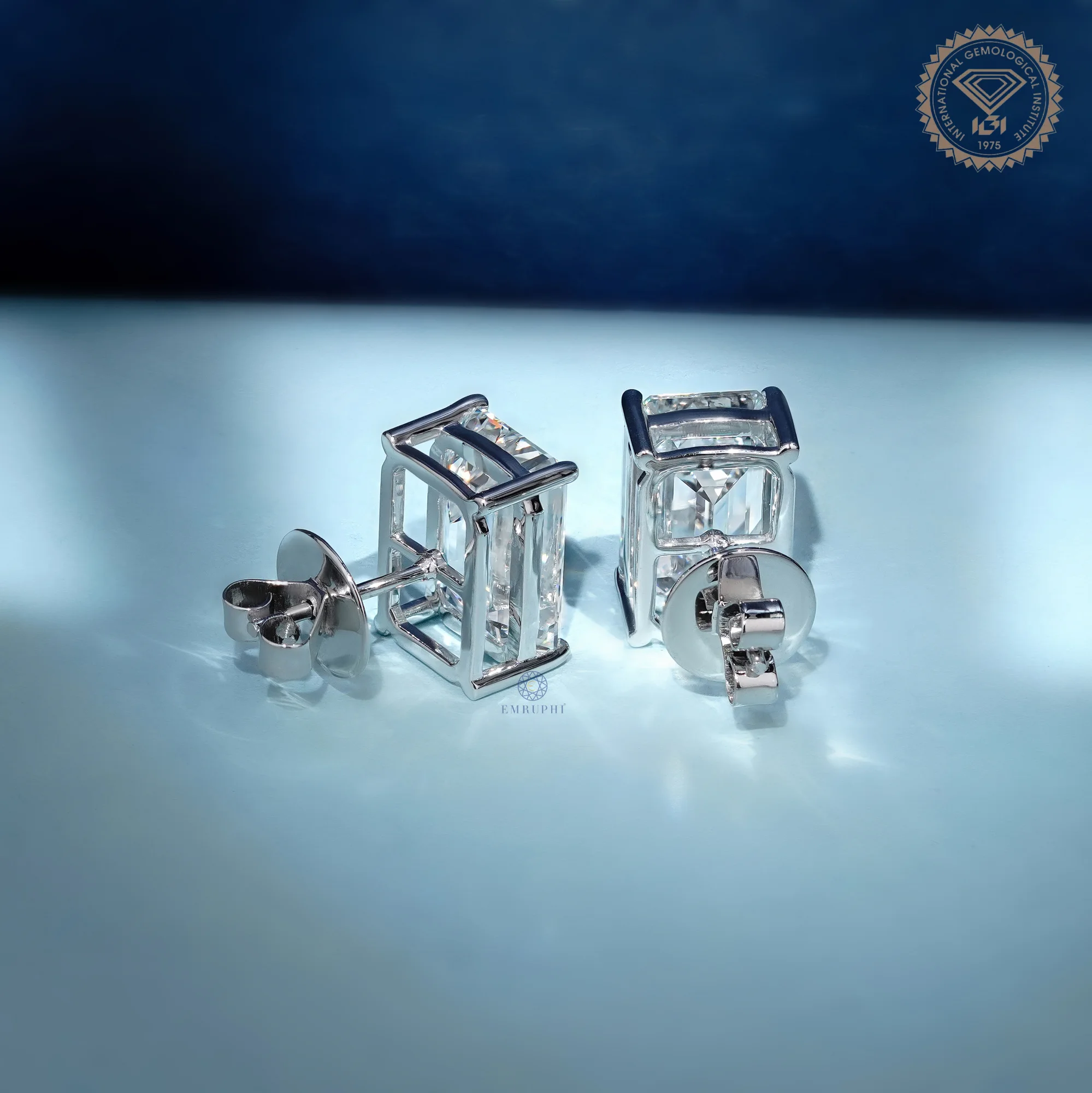 10.00 Tcw Emerald Solitaire Earrings, 14k Gold Prong Setting Emerald Cut Lab Grown Diamond Studs, — view 4