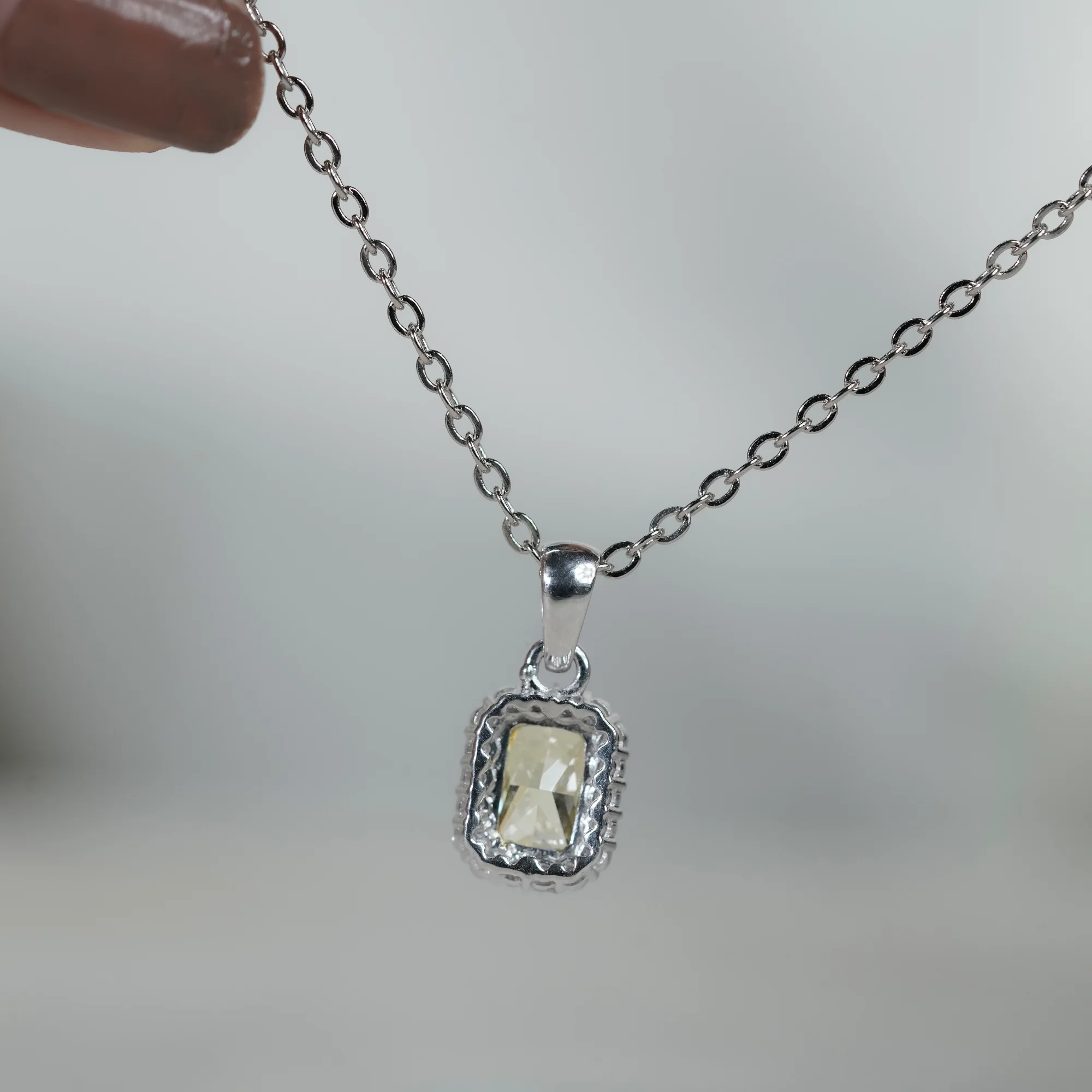 Vivid Yellow Radiant Cut Lab Diamond Pendant, 10K White Gold Double Halo Necklace — view 12