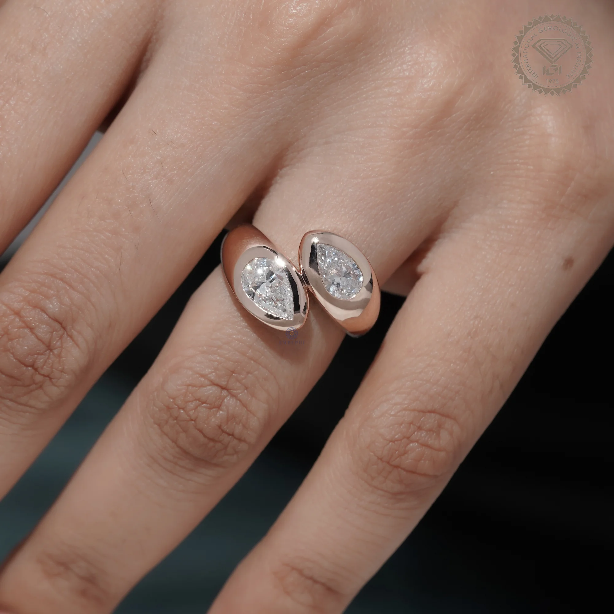 Pear Shape Bezel Lab Grown Diamond Toi et Moi Ring, Modern Open Wrap Engagement Ring, 14K Rose Gold Statement Ring — view 13