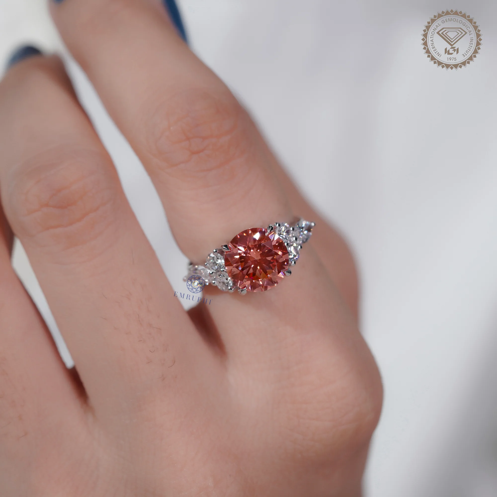 3 CT Round Vivid Pink Diamond Ring, Pink Lab Grown Diamond Engagement Ring — view 6