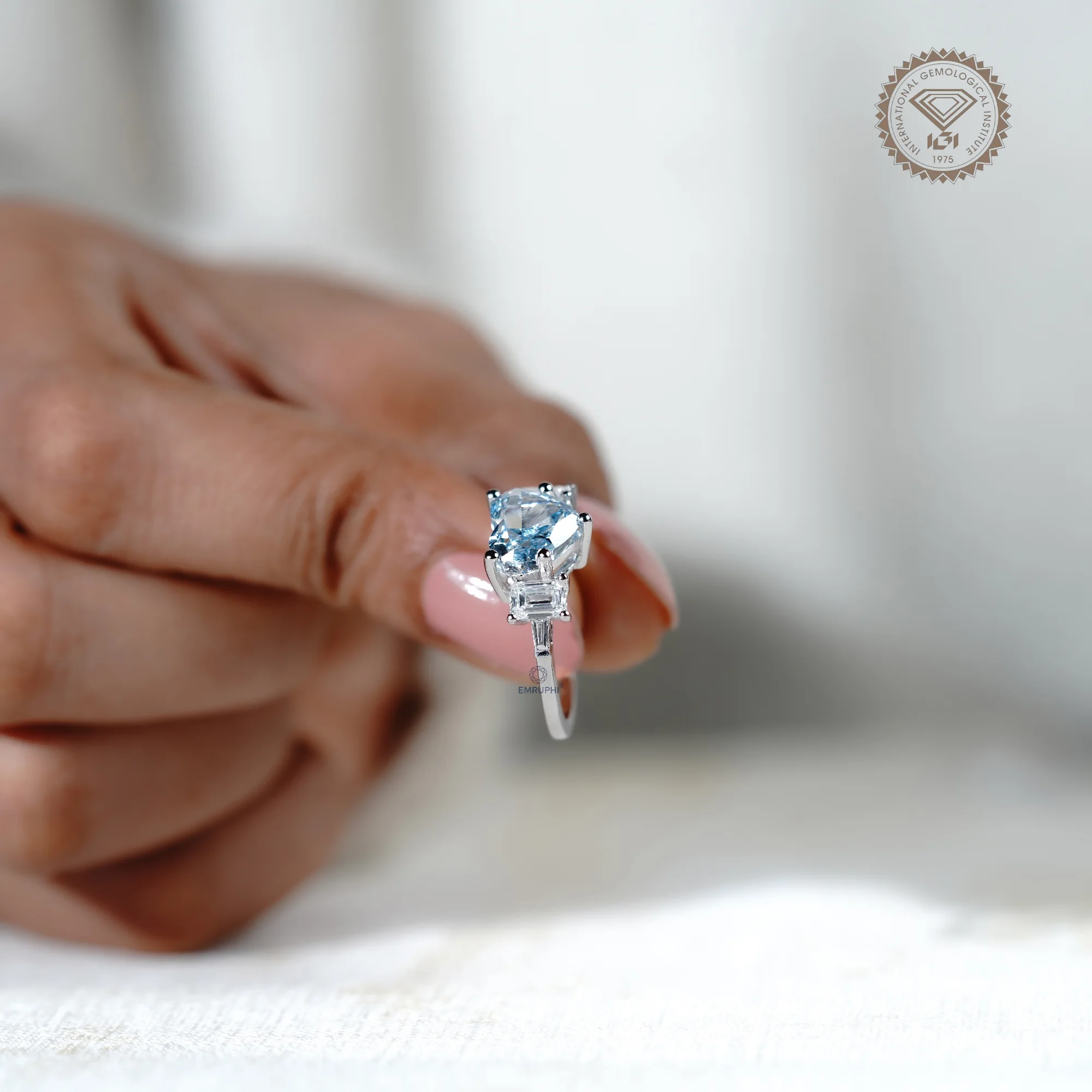 Heart Cut Vivid Blue Lab Diamond Ring, 14k Gold Emerald Accented Engagement Ring — view 6