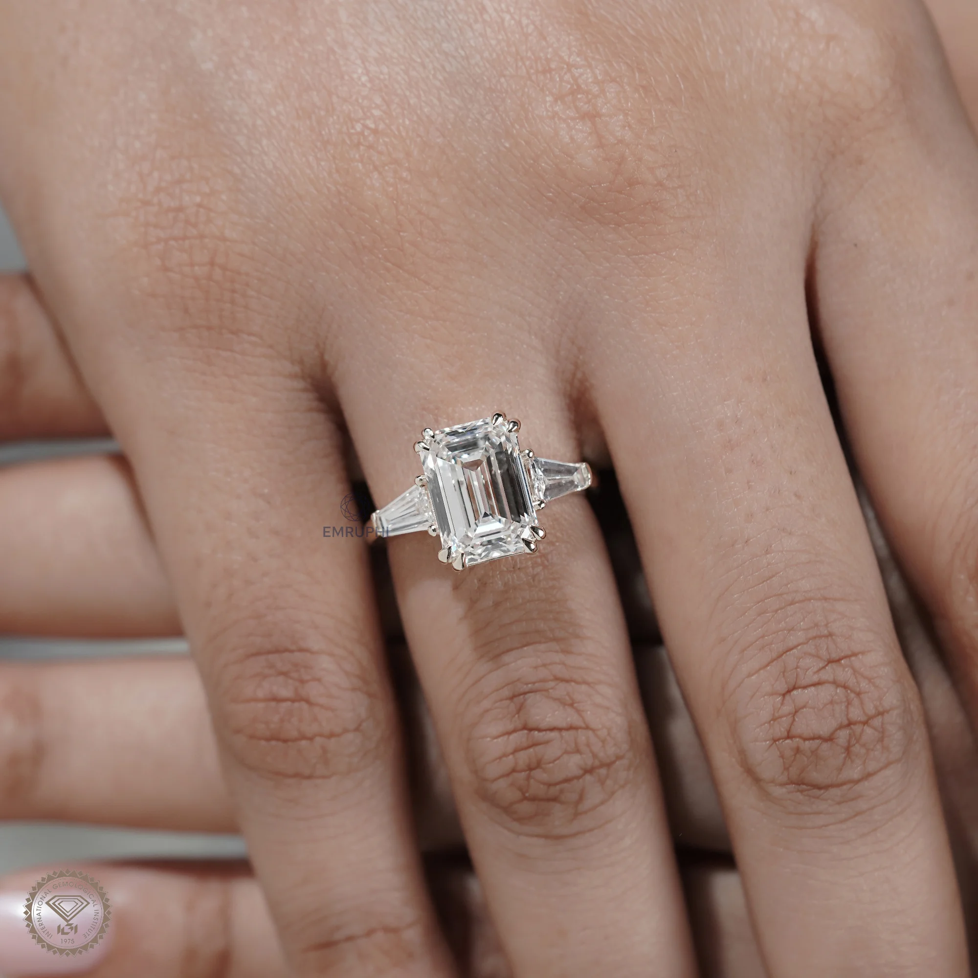 5 Carat Emerald Cut Lab Grown Diamond Engagement Ring , Trapezoid Side Stones — view 8