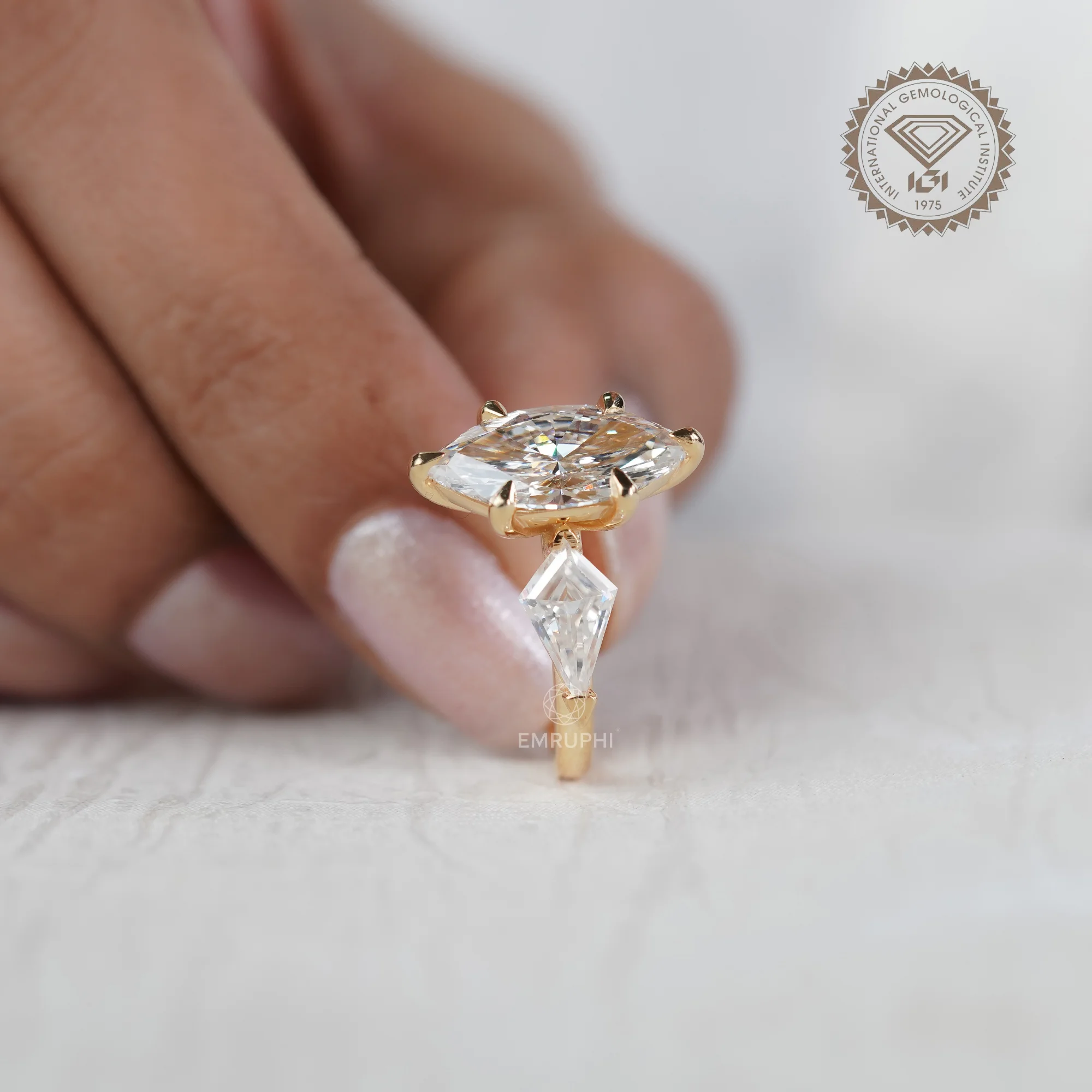 3 CT Marquise Lab Diamond Ring, Kite Side Stones, 14K Gold Wedding Ring — view 6
