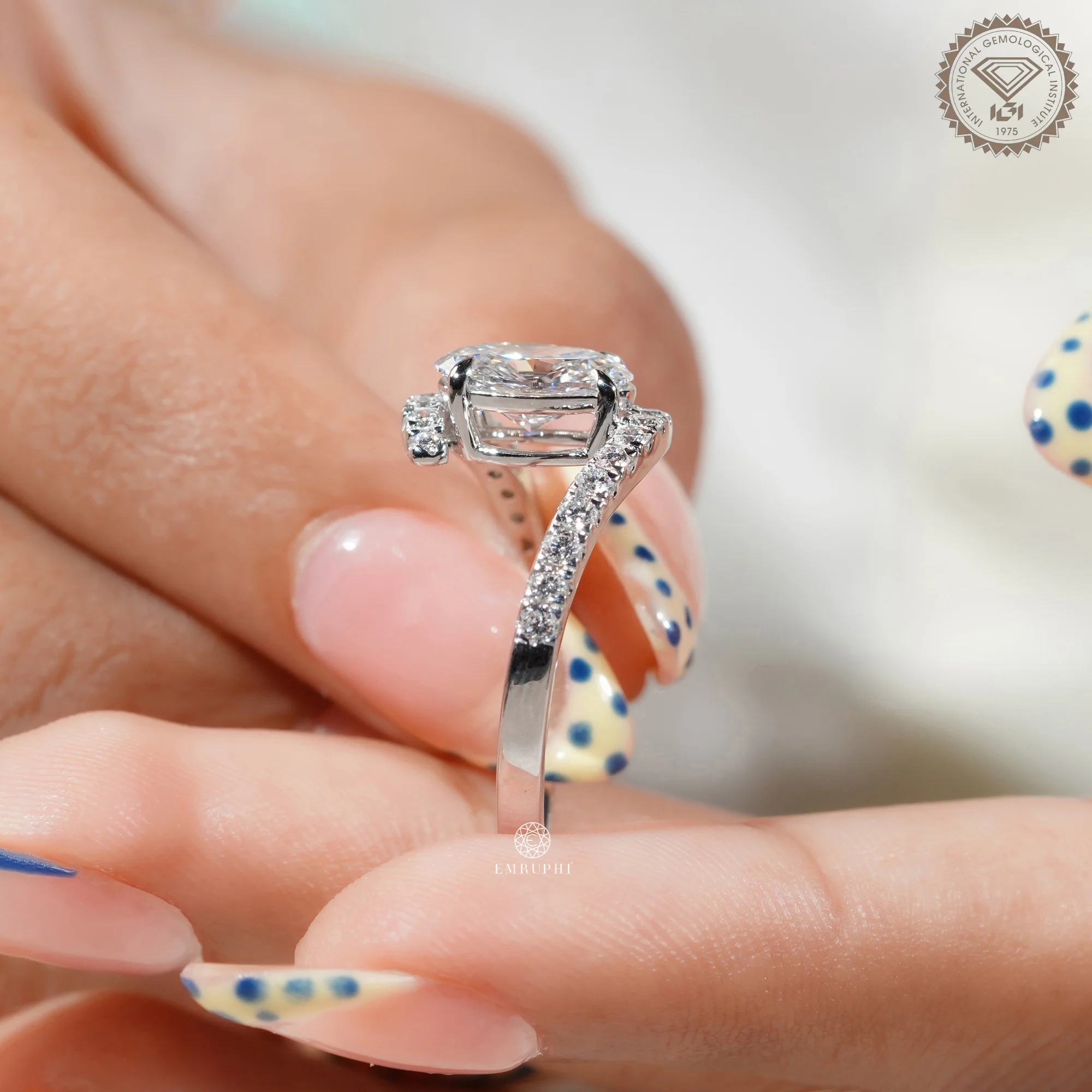 Oval Lab Grown Diamond Engagement Ring, Curved Diamond Band, Double Band Solitaire Ring — view 6