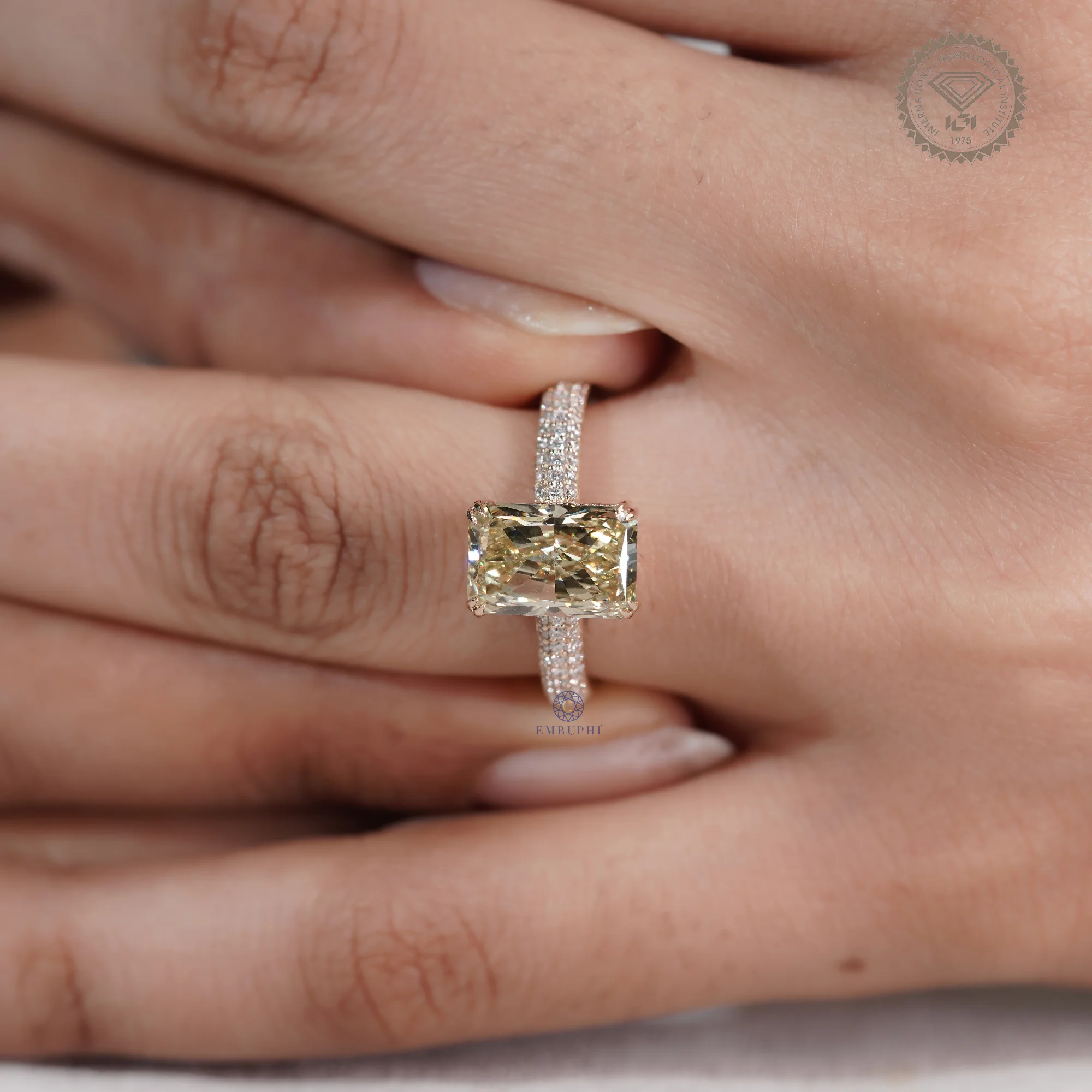 3 CT Radiant Cut Yellow Lab Grown Diamond Ring, Fancy Yellow Engagement Ring, Pave Band Diamond Ring — view 7