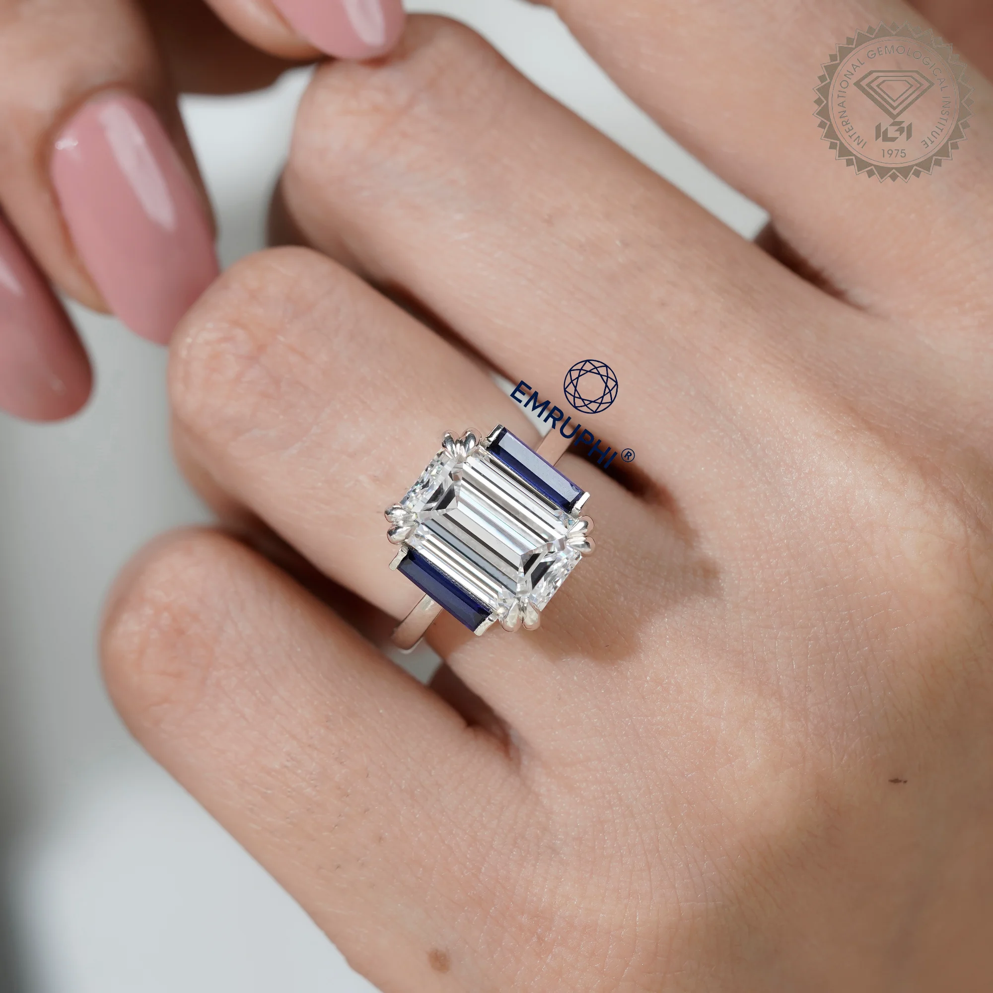6 CT Emerald Cut Three Stone Engagement Ring with Sapphire Side Stones, Lab Grown Diamond Ring, Vintage Bridal Ring — view 11