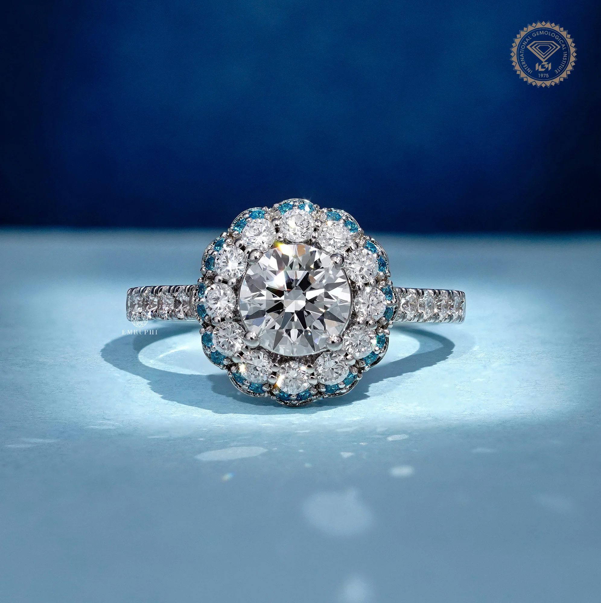 1.20 CT Round Diamond Halo Ring, Blue Diamond Floral Halo Engagement Ring, IGI Certified Diamond