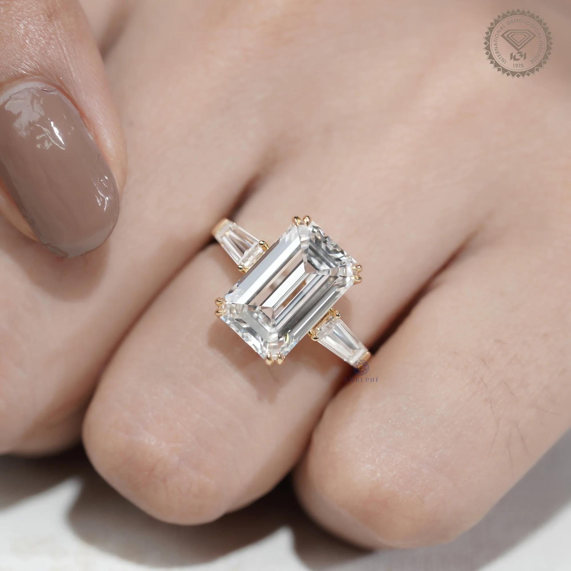 5 CT Emerald Lab Diamond Engagement Ring in 14k Gold, Three Stone Emerald Ring with Trapezoid Side Diamonds — view 6