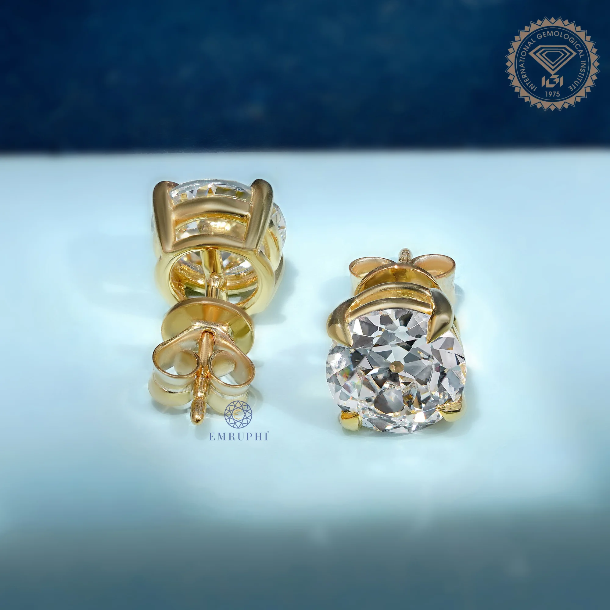 Round Old Mine Stud Earrings in 14k Yellow Gold, Solitaire Stud For Women — view 6