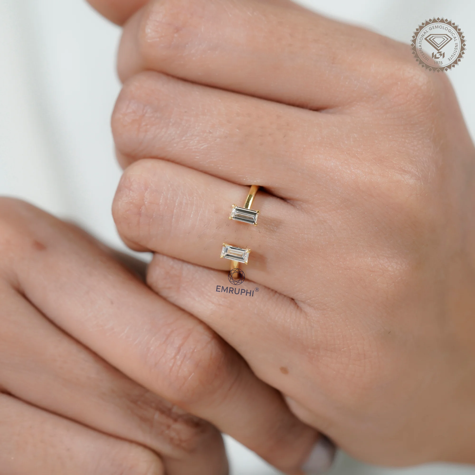 Baguette Lab-Grown Diamond Open Cuff Ring, Solid Gold Wedding Band — view 11