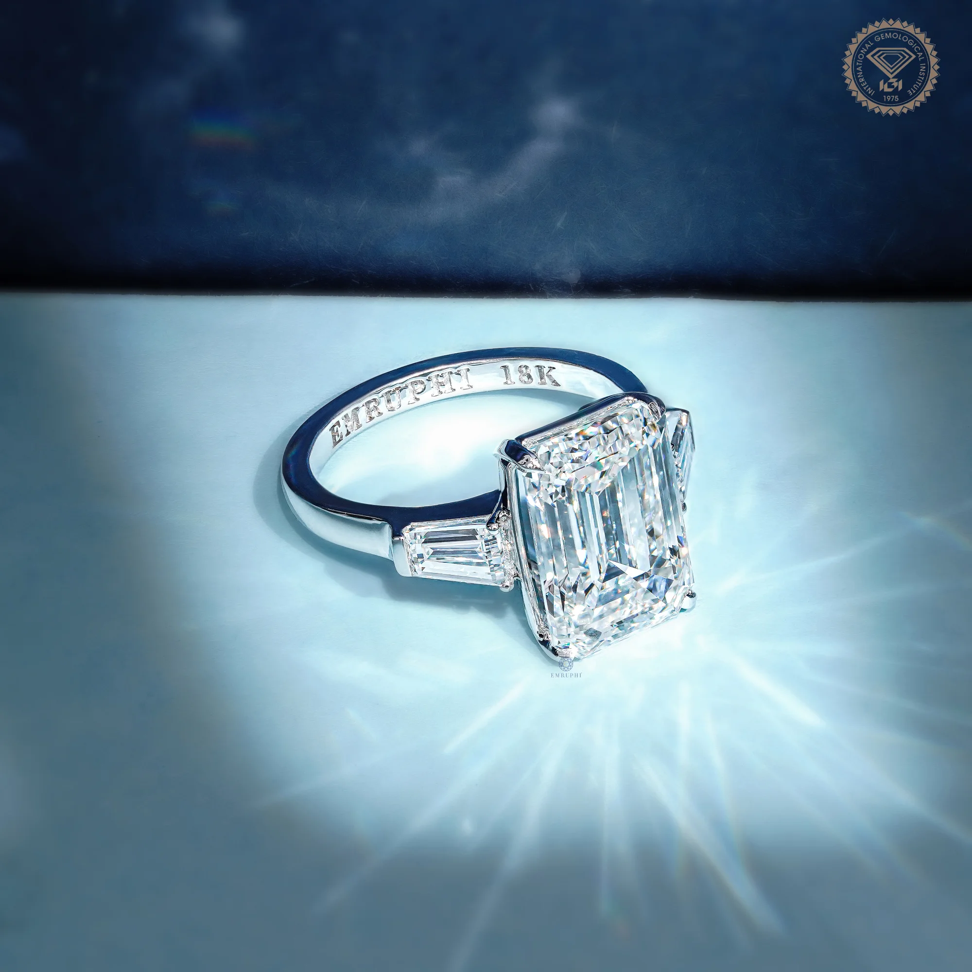 6 CT Emerald Cut Lab Grown Diamond Ring, Tapered Baguette Three Stone Engagement Ring, IGI Certified — view 4