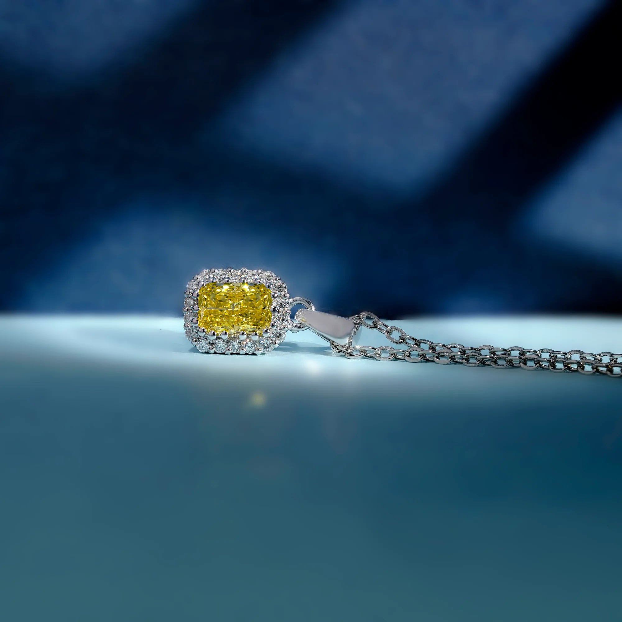 Vivid Yellow Radiant Cut Lab Diamond Pendant, 10K White Gold Double Halo Necklace — view 3