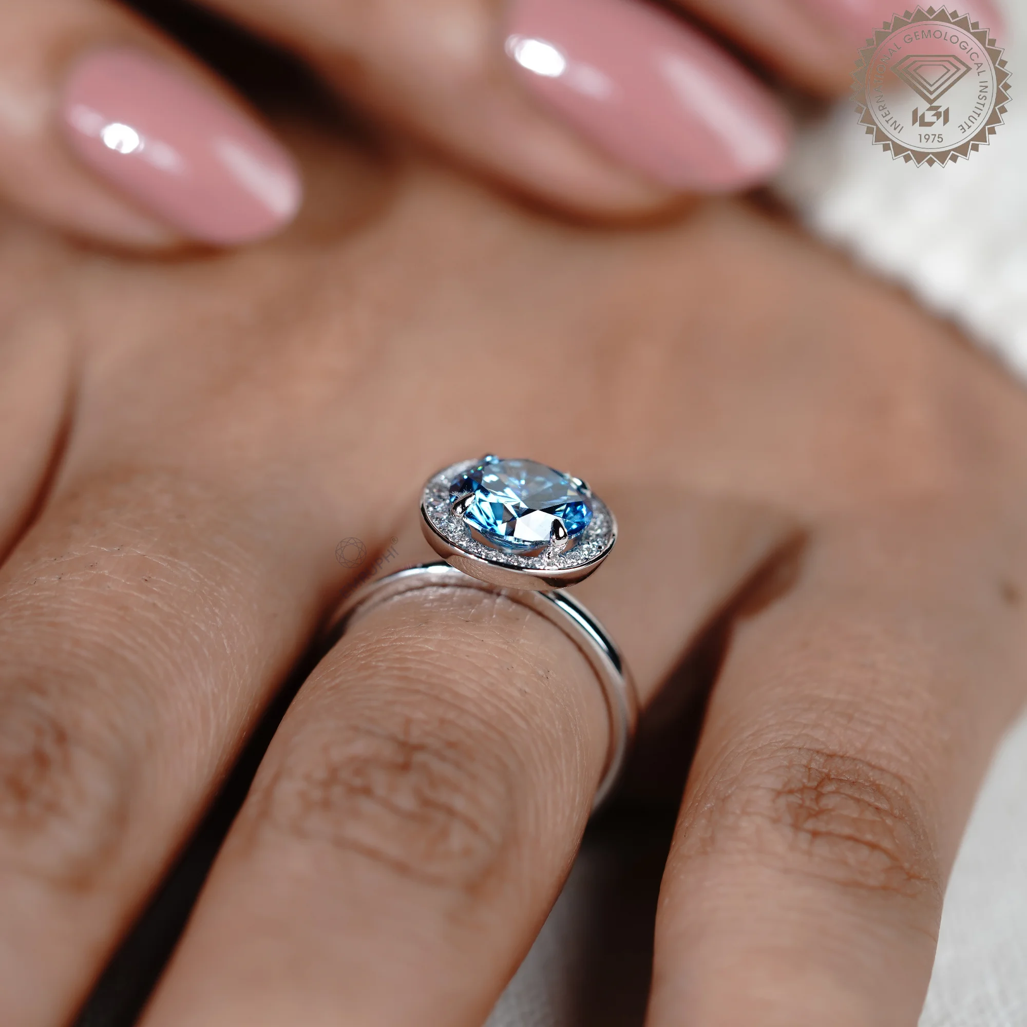 2.00 CT Vivid Blue Round Cut Wedding Ring, Bezel Diamond Engagement Ring, Color Lab Grown Diamond Ring — view 6