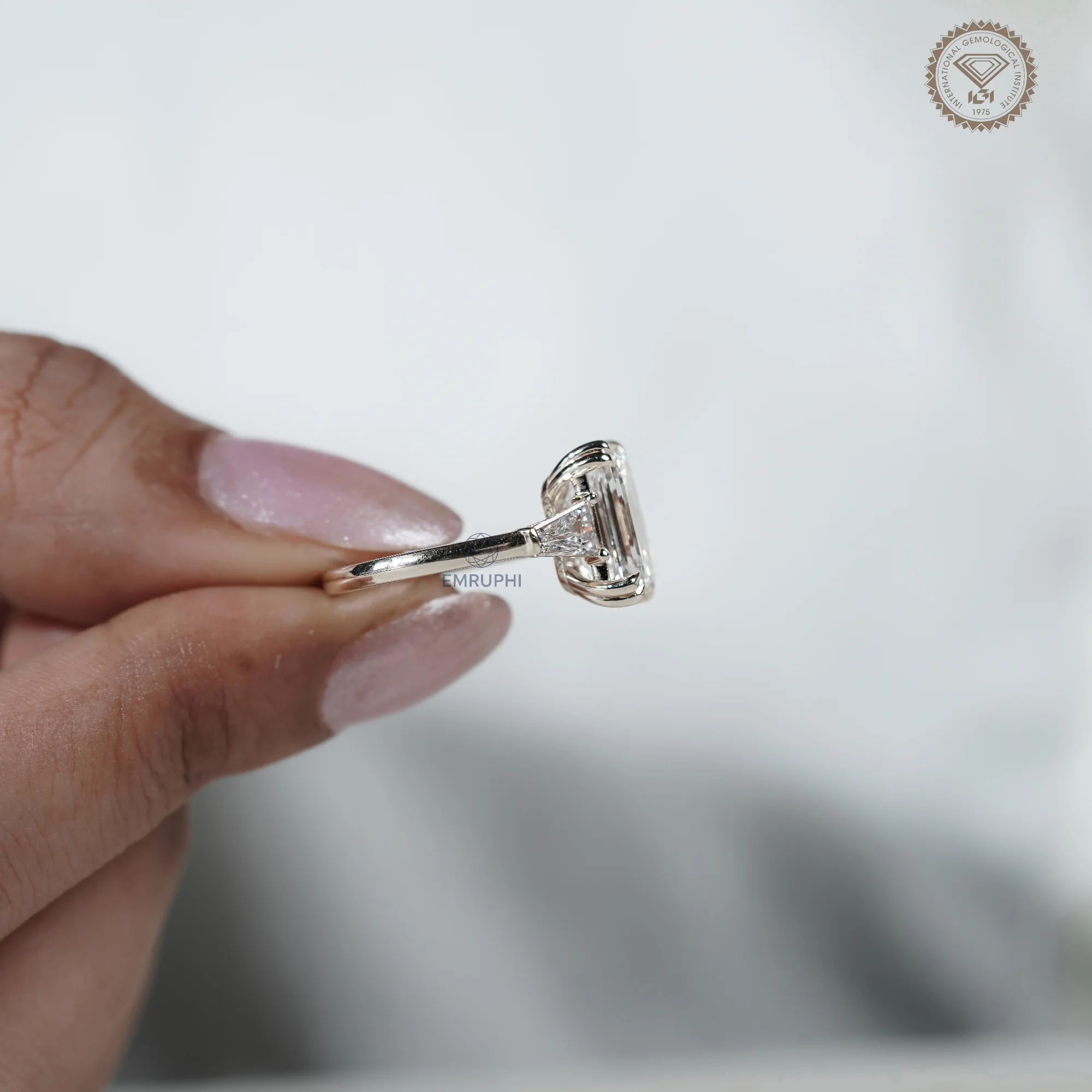 5 Carat Emerald Cut Lab Grown Diamond Engagement Ring , Trapezoid Side Stones — view 14