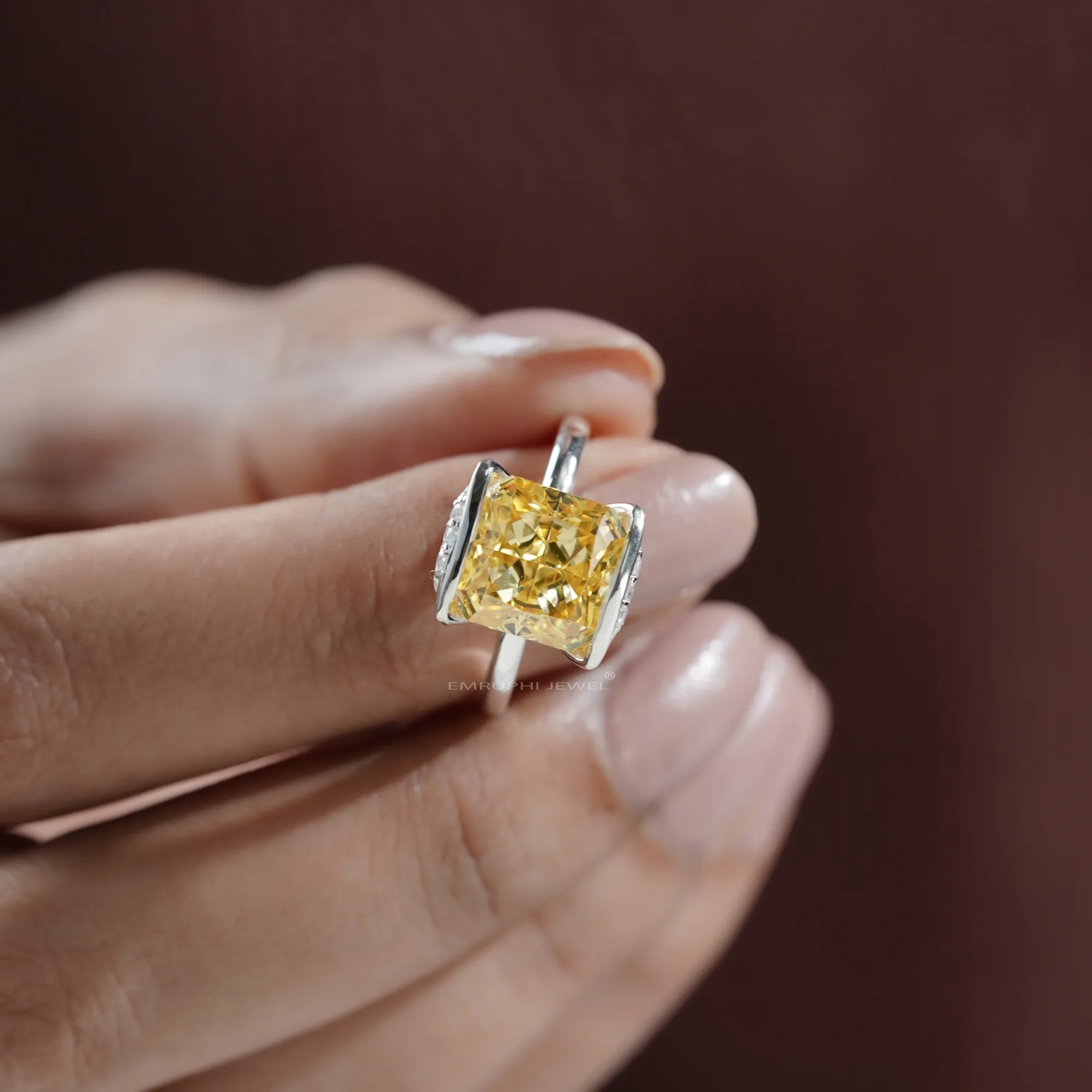 6 Carat Asscher Fancy Yellow Lab Grown Diamond Ring: Bezel Set Solitaire — view 4