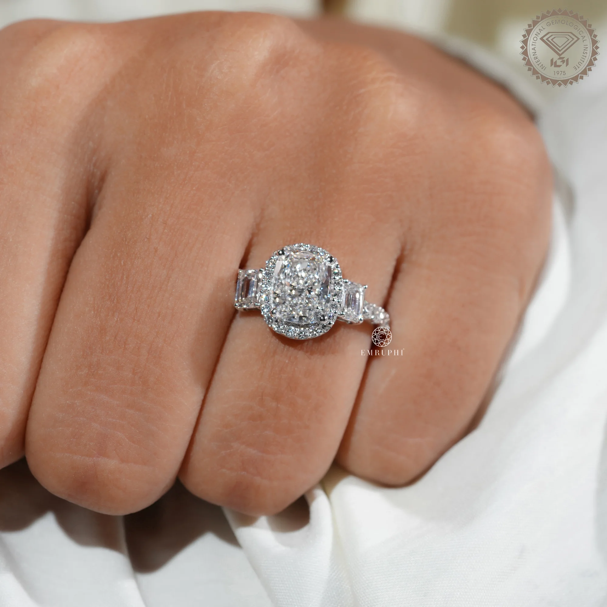 Cushion Cut Diamond Halo Engagement Ring, Trapezoid Side Stones, IGI Certified — view 8
