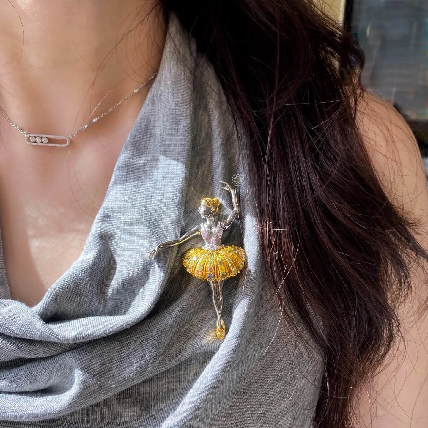 Lab Grown Fancy Yellow Diamond Ballerina Brooch Pendant, Dual Function Ballerina Dancer Pin Necklace — view 2