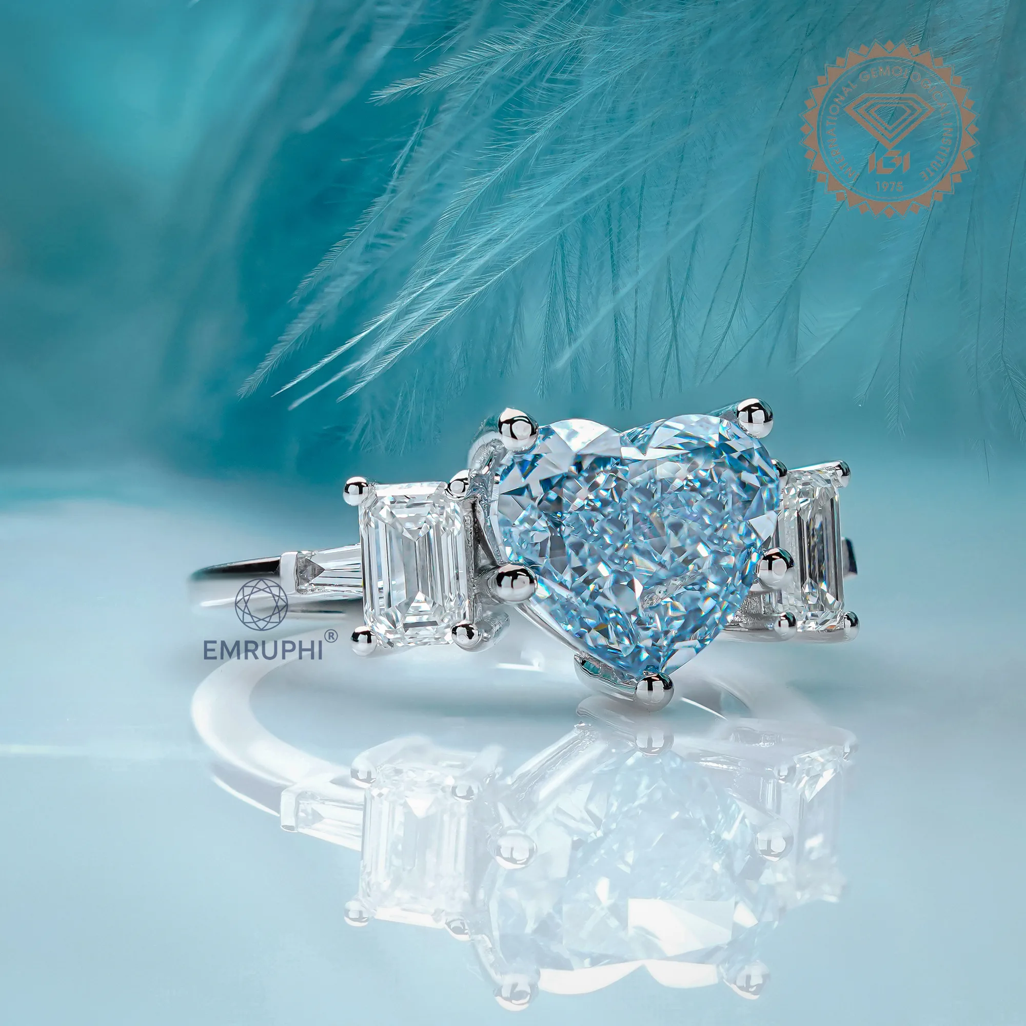 Heart Cut Vivid Blue Lab Diamond Ring, 14k Gold Emerald Accented Engagement Ring — view 3