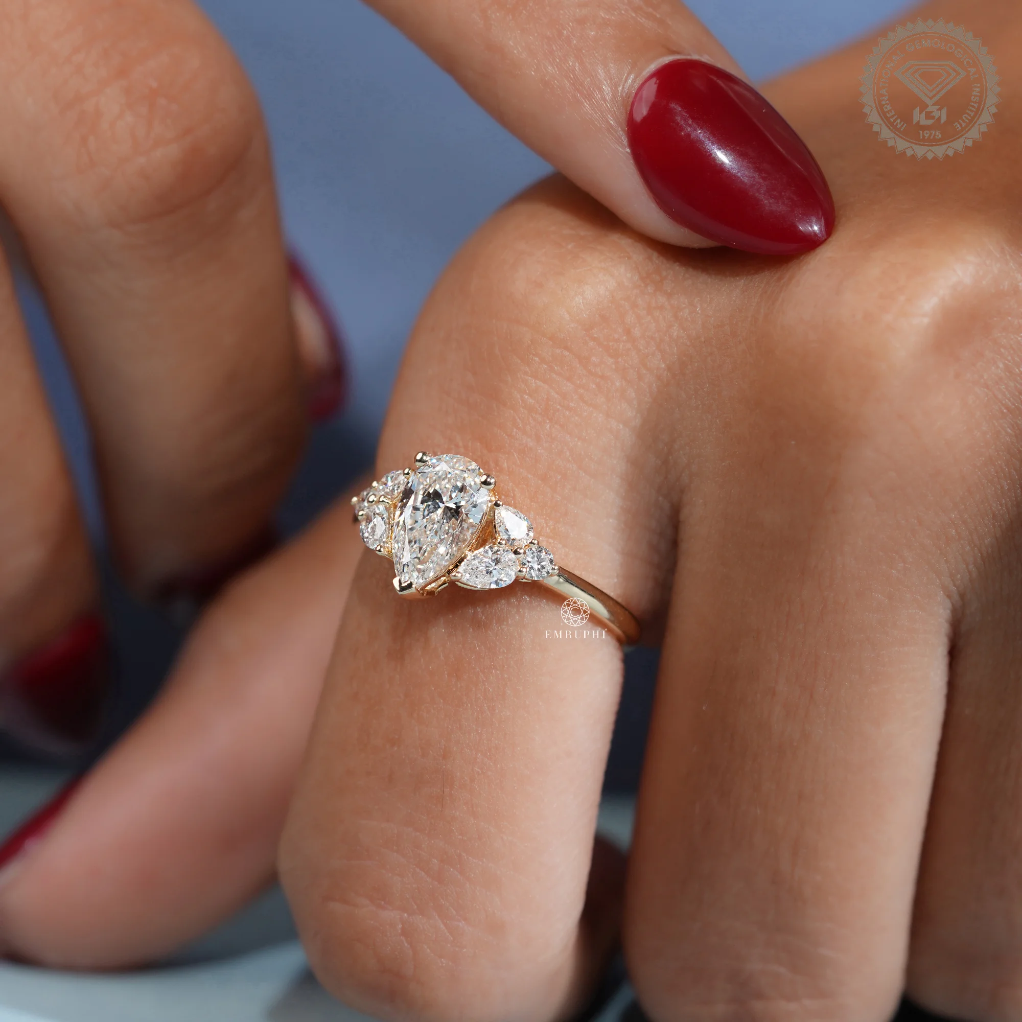 Pear Lab Grown Diamond Cluster Engagement Ring, Vintage Inspired Bridal Jewellery — view 8