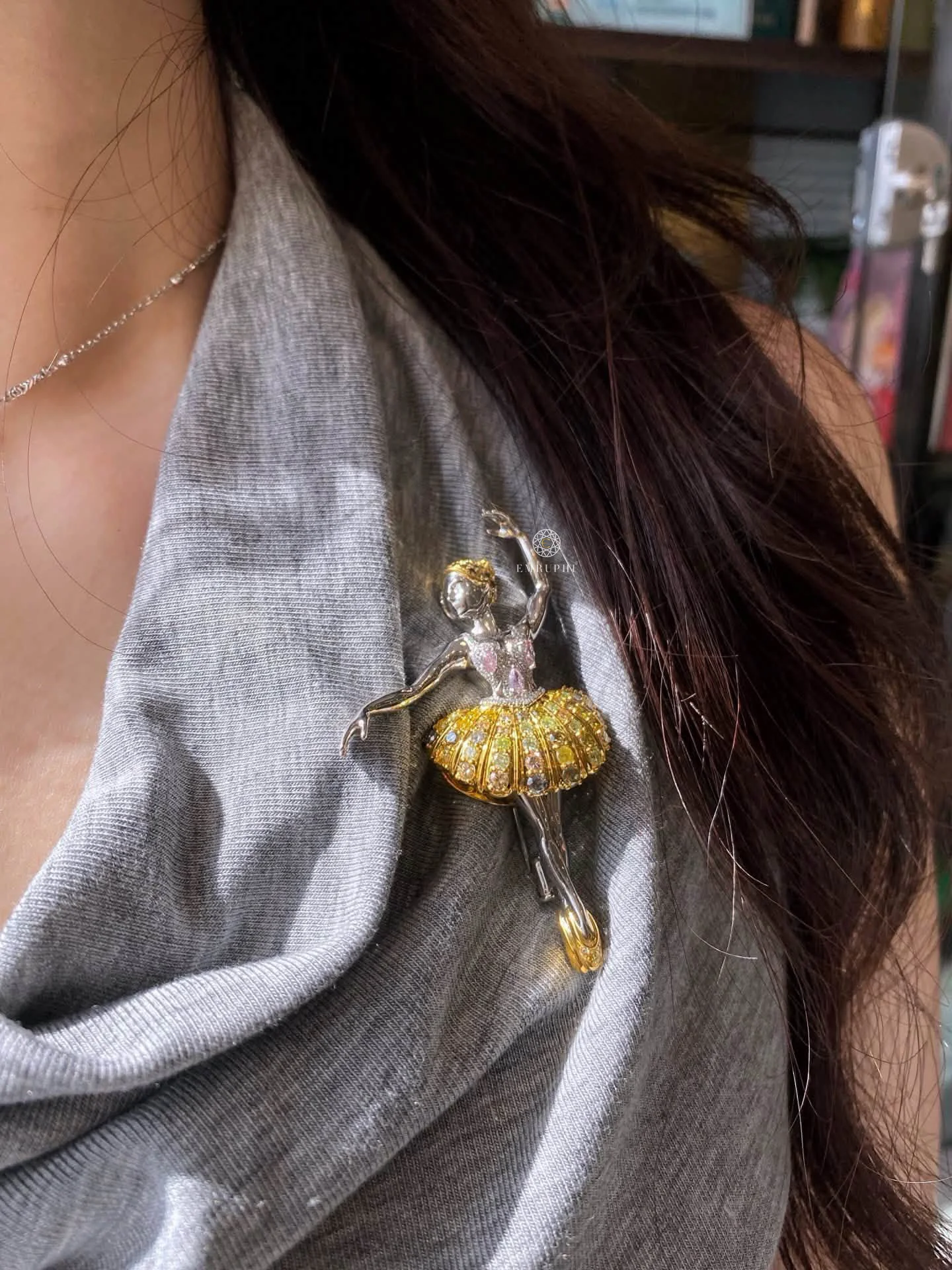 Lab Grown Fancy Yellow Diamond Ballerina Brooch Pendant, Dual Function Ballerina Dancer Pin Necklace — view 9