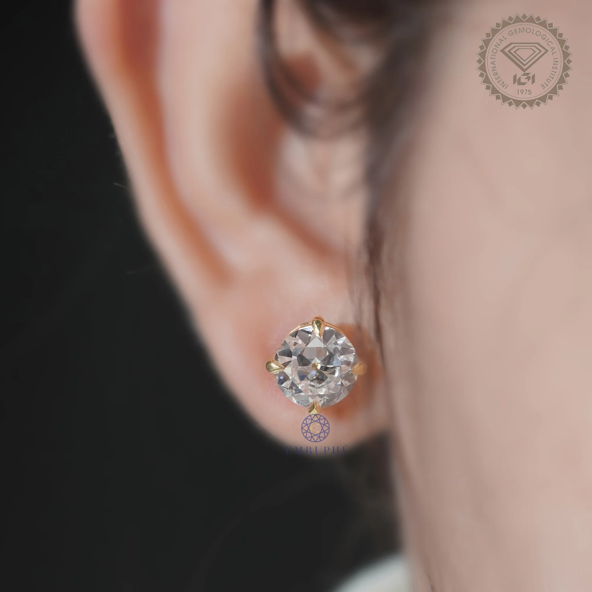 Round Old Mine Stud Earrings in 14k Yellow Gold, Solitaire Stud For Women — view 11