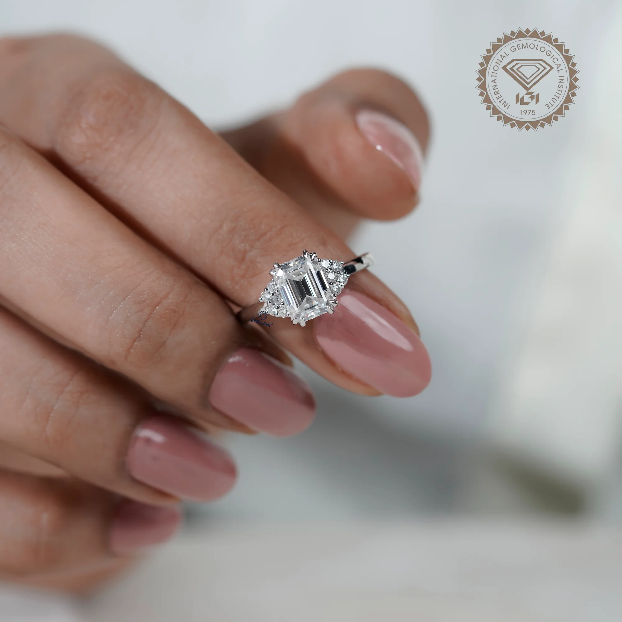 Emerald Cut Labgrown Diamond Engagement Ring, 14k White Gold Snowdrift Cluster Proposal Ring — view 13