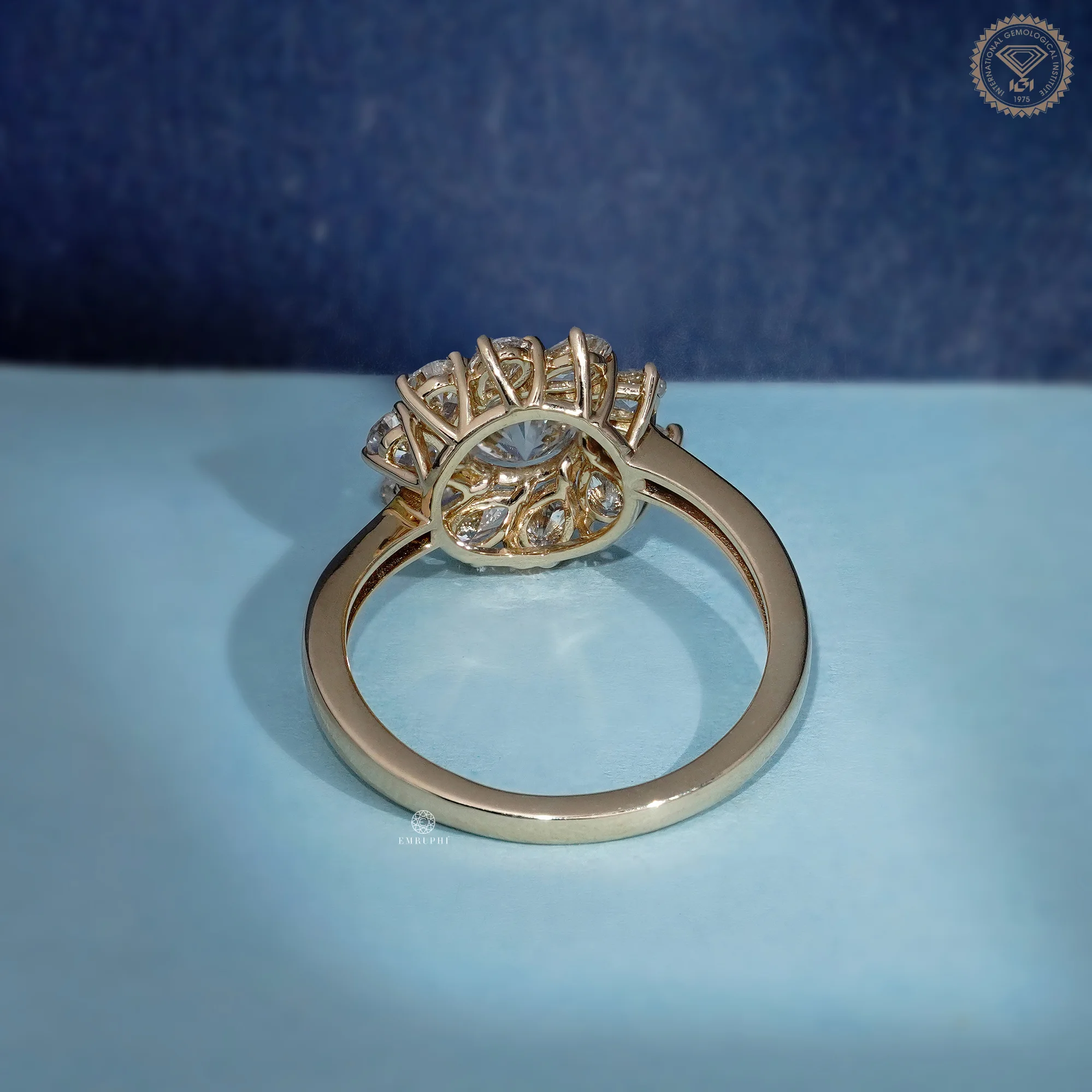 Round Cut Lab Grown Diamond Floral Halo Ring, Pear Diamond Sunburst Engagement Ring — view 4
