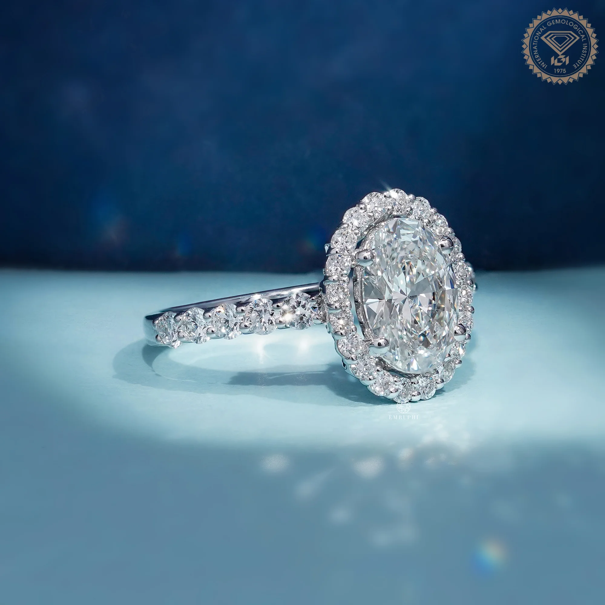 Oval Cut Diamond Halo Engagement Ring, IGI Certified, Pavé Diamond Band, Classic Halo Ring — view 3