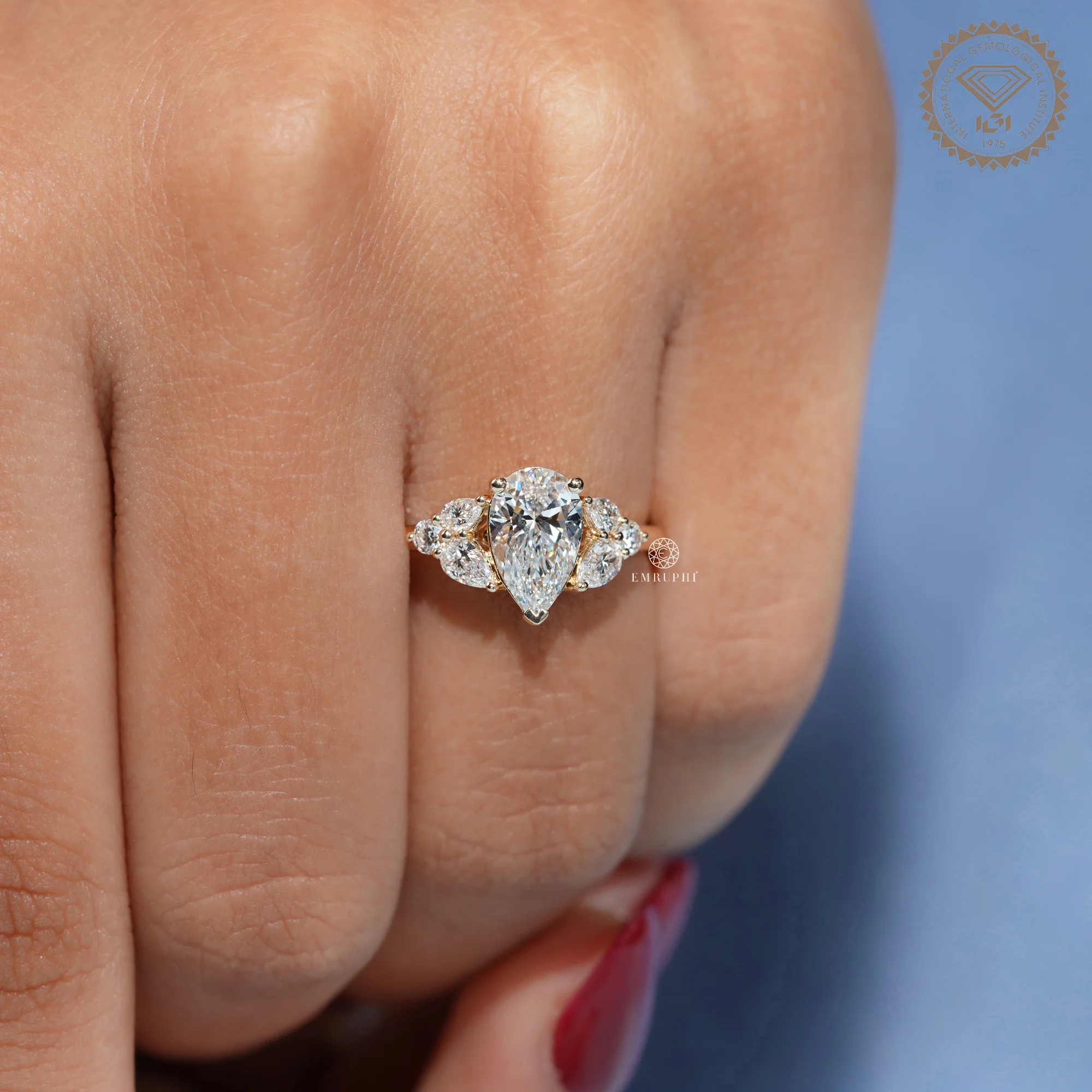 Pear Lab Grown Diamond Cluster Engagement Ring, Vintage Inspired Bridal Jewellery — view 10
